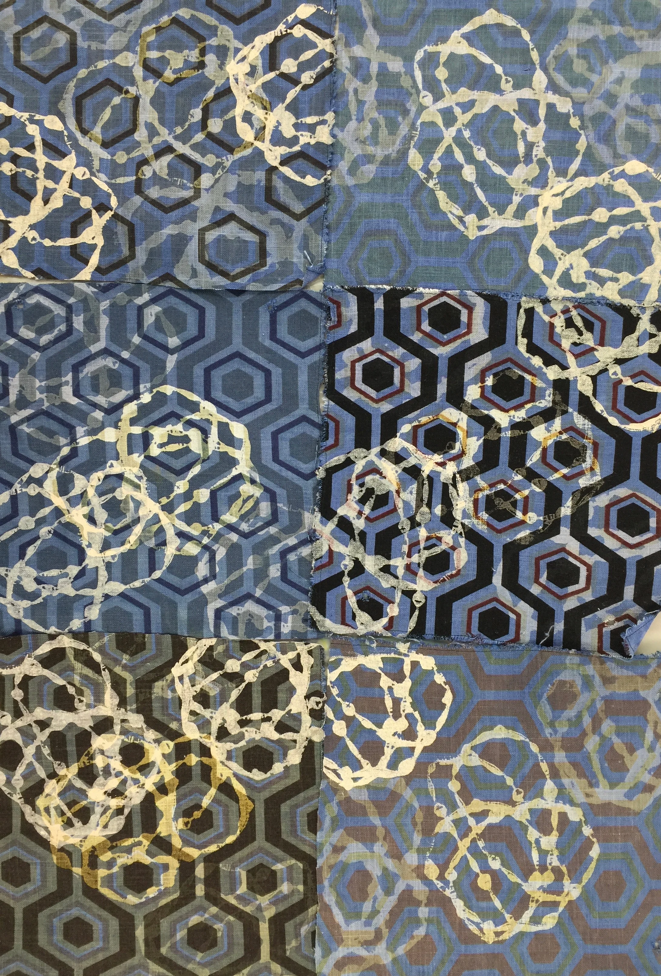 Hexagon Blues, work in process with printed discharge paste