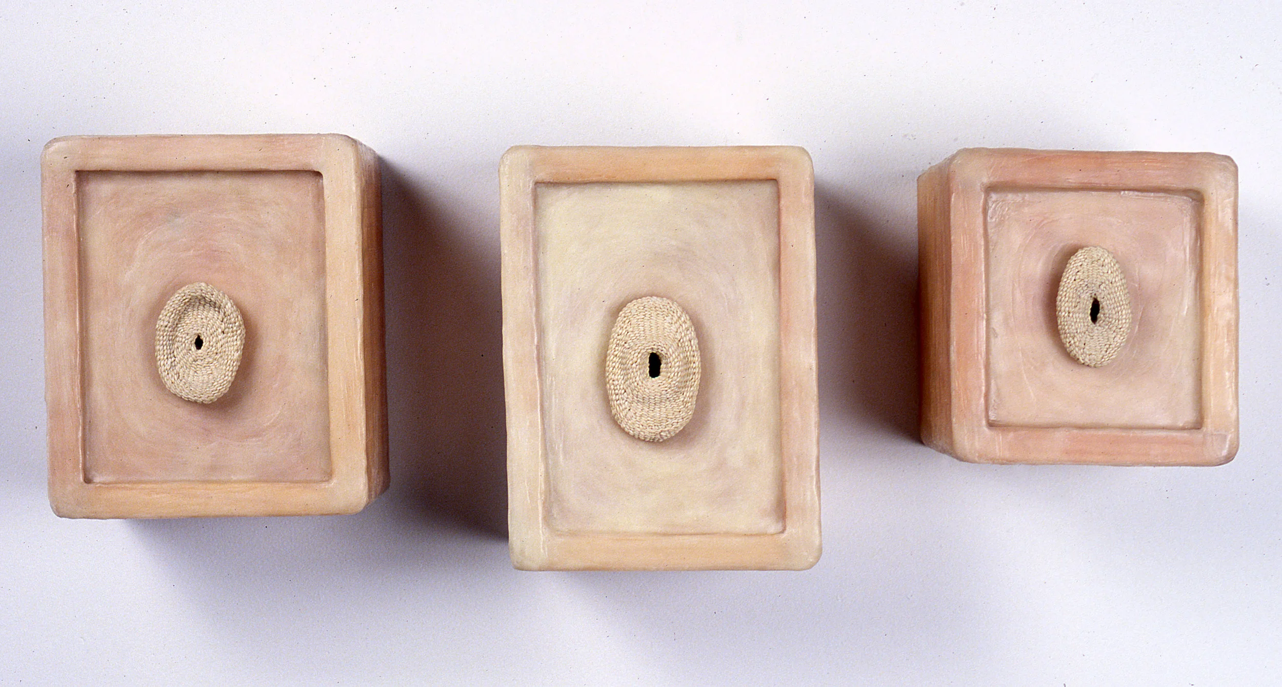 Untouched, detail of 3 boxes with twined forms