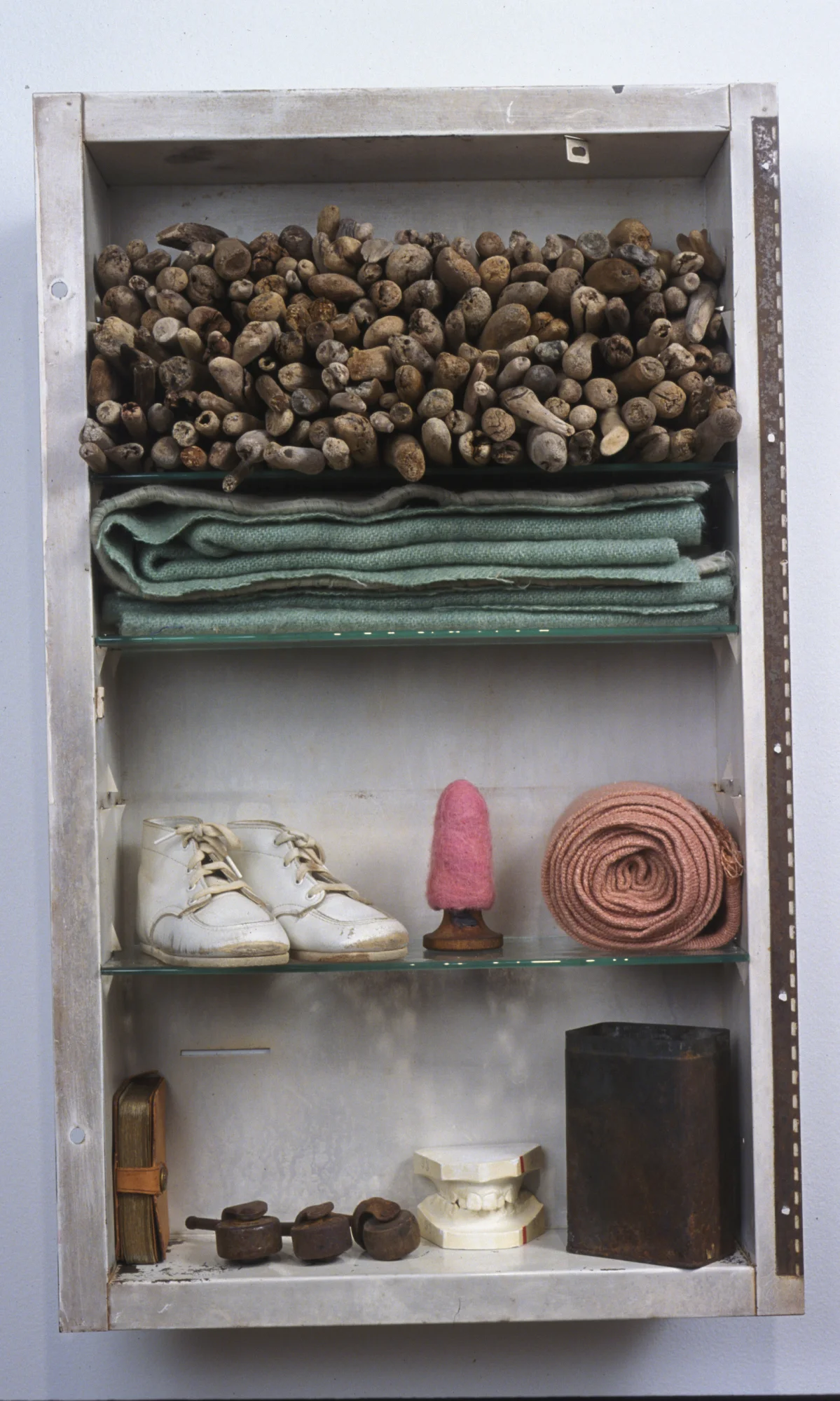 Archive 24"x16"x4". found cabinet, driftwood, blankets, personal memorabilia