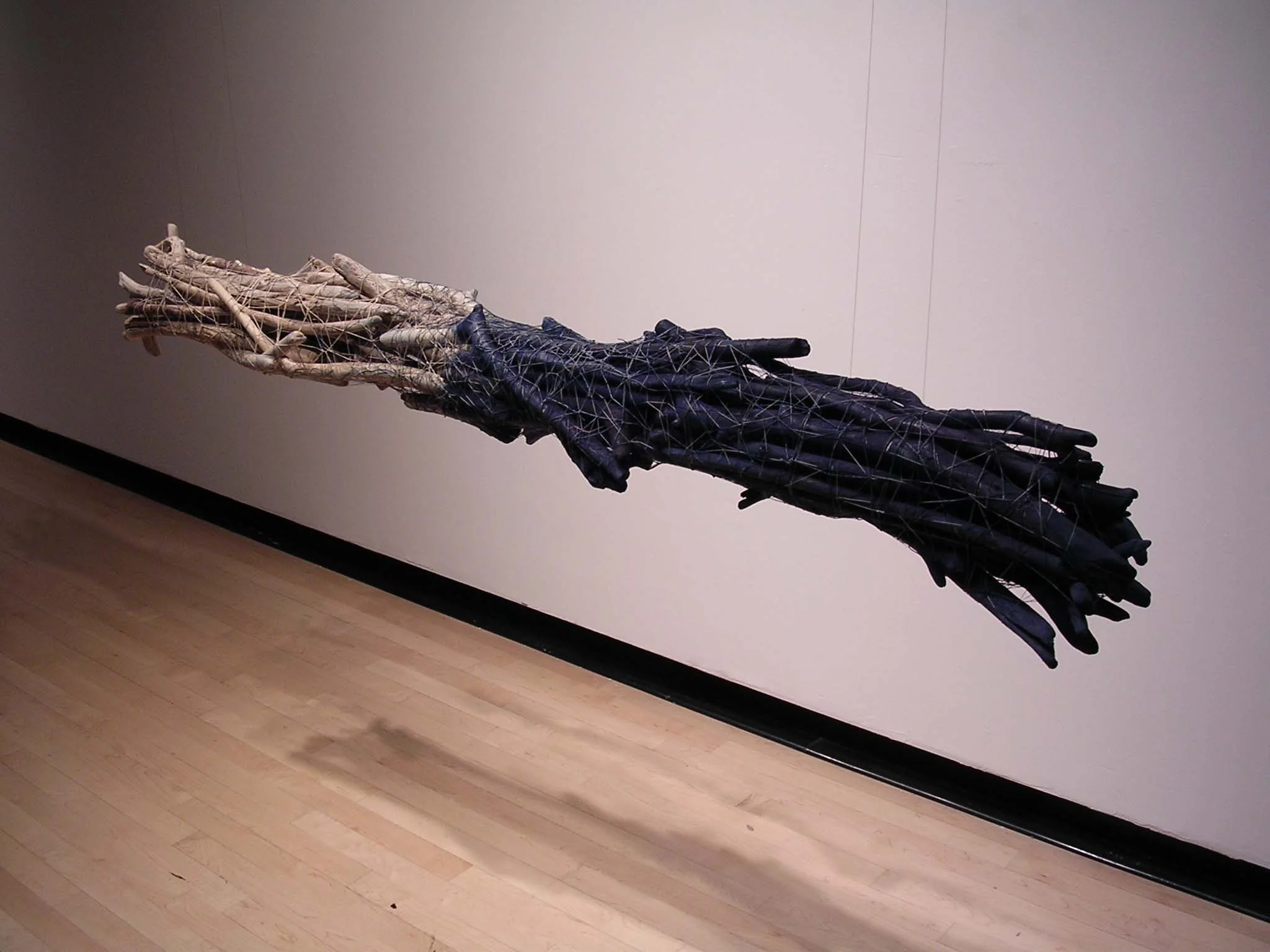 Cast-A-way 64"x8" driftwood, waxed linen, indigo dyed, wire cable,