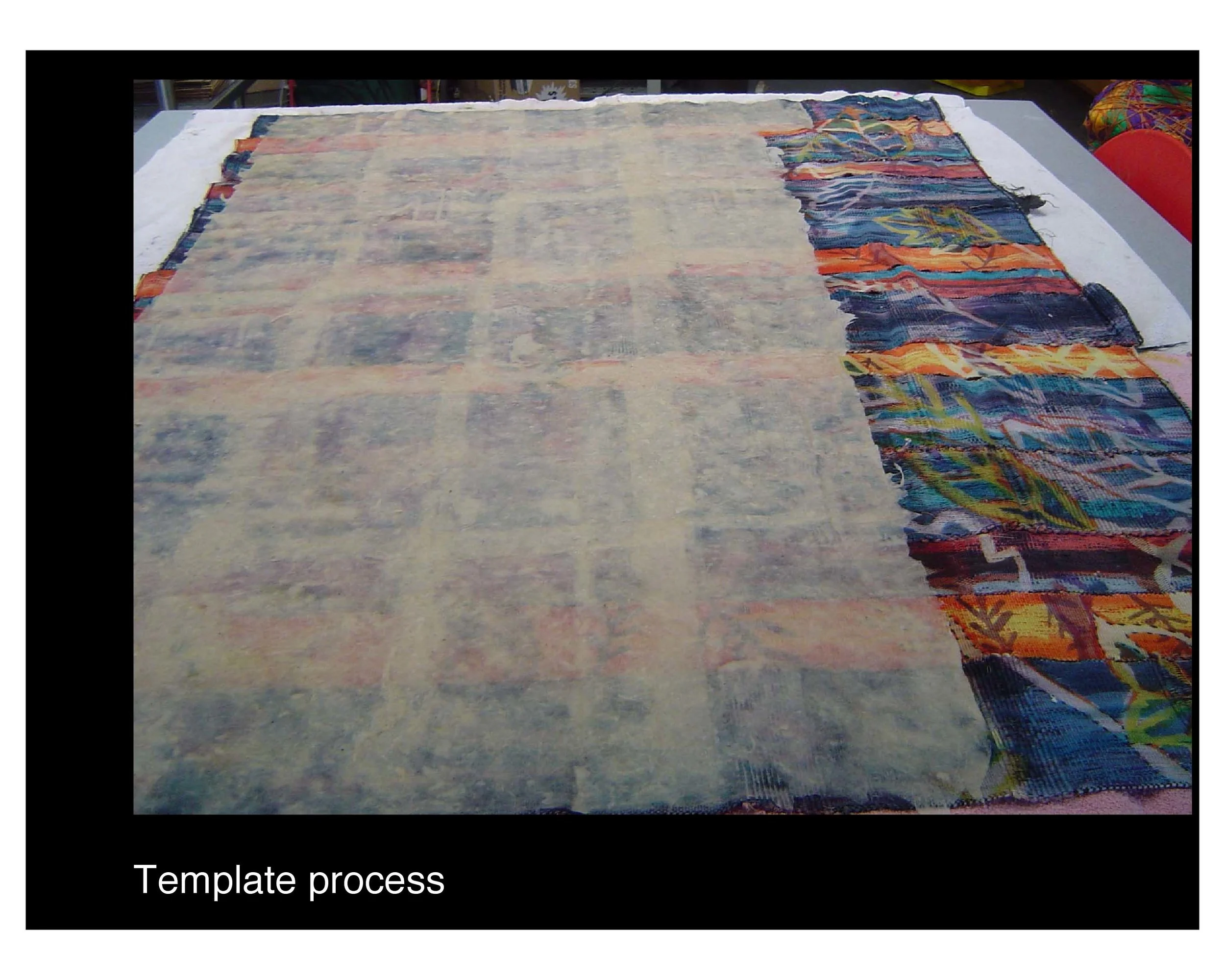 This photo shows the process of how the paper was created for Reoccurring Affections 1 & 2. Kozo paper was pulled as single sheets and then layered together like shingles on a roof. The kozo picked up fugitive dye from the weaving as well as the texture of the surface. When the kozo was dry it was lifted off the weaving as a singular sheet of paper.