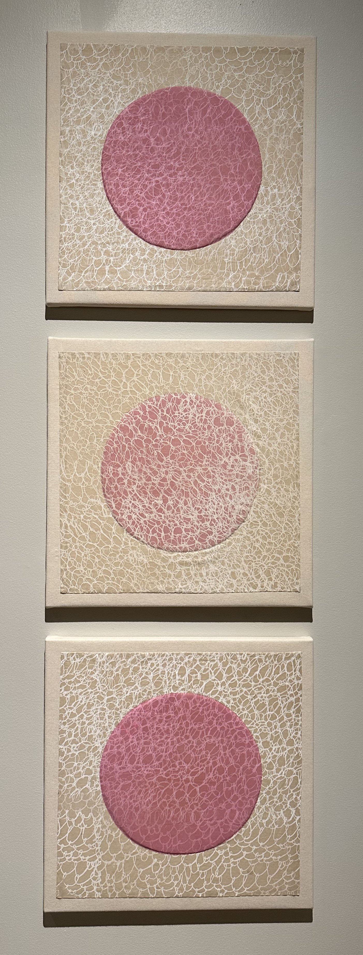In and Out of the Loop Triptych
2022
Screen print with textile inks on muslin, cotton batting, silk thread, stitching
Each panel: 20 × 20 in.
Overall dimensions: 62 × 20 in., installed vertically