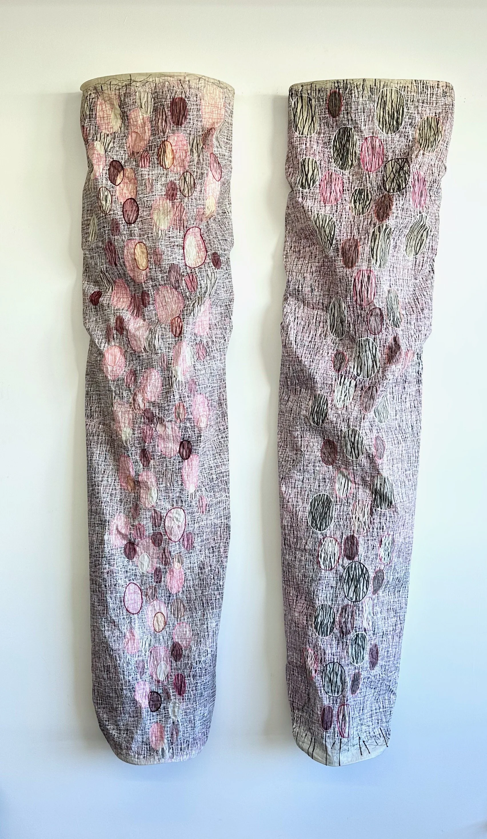 What the Body Keeps series, no 4, 
2026
diptych, 2 wall mounted panels, each is 84 in x 20 in x 10 in
tea dyed, screen printed on cotton organdy with textile inks, waxed, stitched, wire
