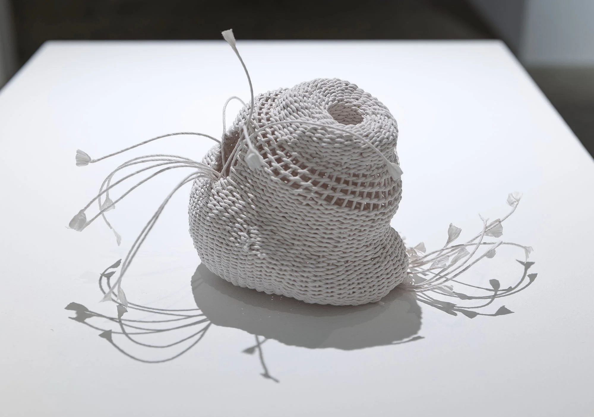 Title: INT/EXT 2(b)
2025
Dimensions: H8” x W8” x D8”
Description: paper rush, twinning technique
INT/EXT explores the boundary between inside and outside through small, body-like abstract forms. Each piece holds a smooth lavender ceramic insert hidde