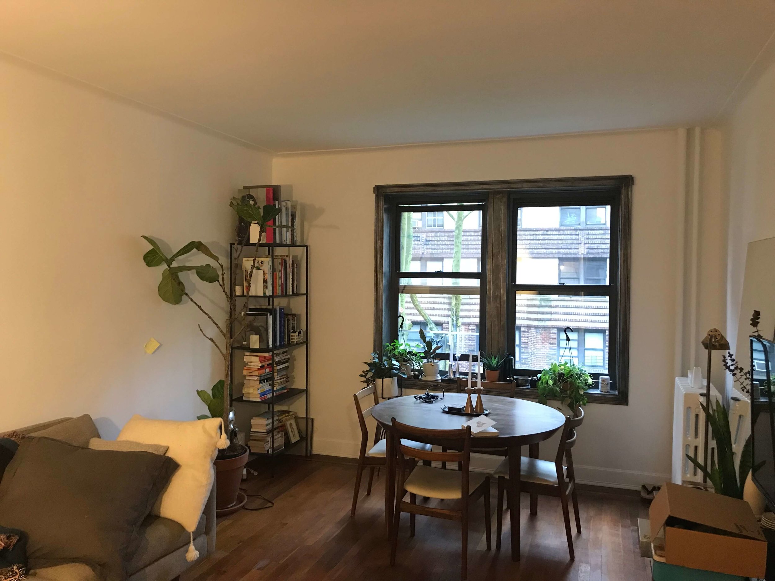 The finished living room! Complete with smooth walls and new baseboards!