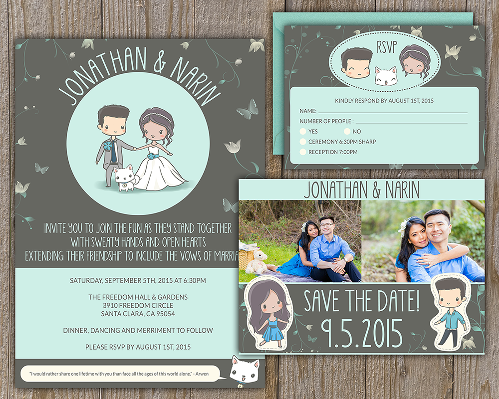 Custom designed and illustrated wedding invitations for Jonathan & Narin