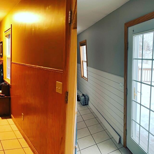 Here&rsquo;s a quick look at a progress photo we snapped this weekend of a small #shiplap project on a hallway entering a customer&rsquo;s kitchen that is also going to be remodeled. You can get an idea of how a little light, a little paint and a lit