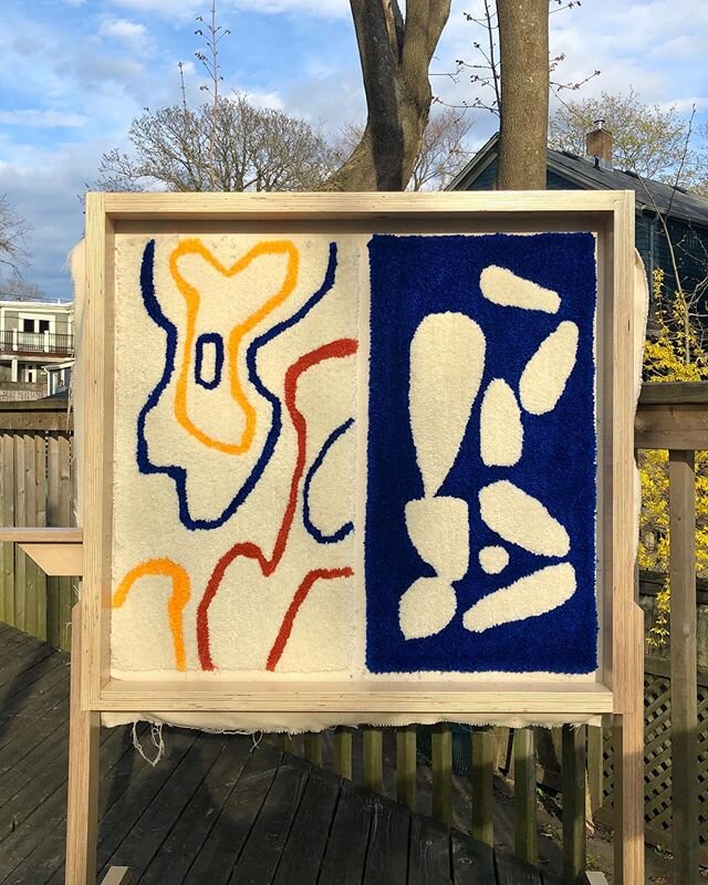 A couple new pieces drying in the sun. They will then be removed from the frame, trimmed, a backing will be added and then the edges need to be finished! Are you feeling the left of right rug? Let me know!