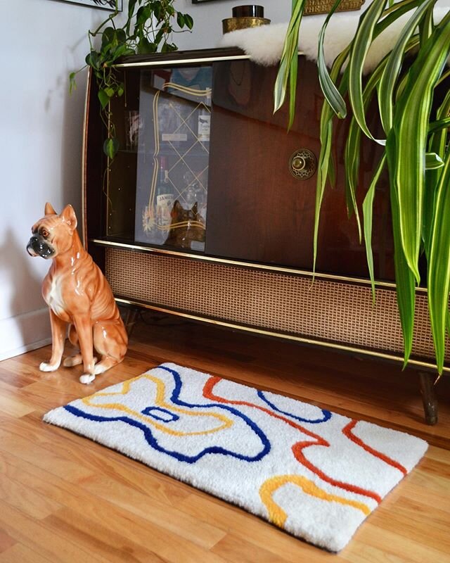 NEW RUG!! Level up your home bar aesthetic with this tufted beauty. Pops of colour bring a little fun, while the neutrals make it easy to fit this rug into any pre existing colour scheme you already have on the go! I will be adding the Squiggle rug t