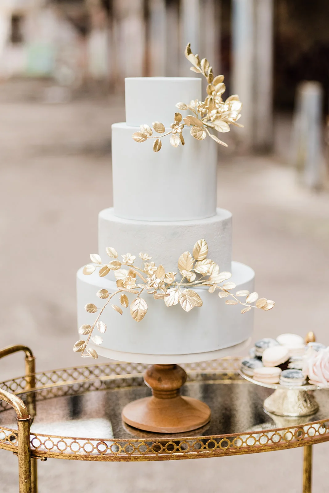 Grey Wedding Cake with Gold Sugar Flowers. Photo by Samantha Leigh Studios.