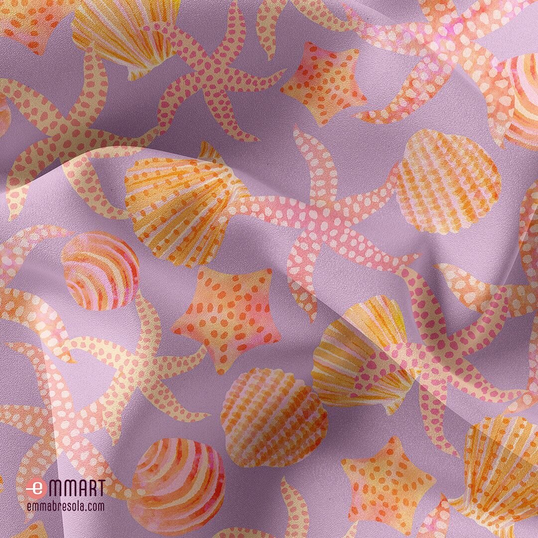 Seashore Treasure is my entry for A Trip to the Beach @Spoonflower challenge.

Dancing starfishes and seashells illuminated by the light of the summer sunset.
Inspired by my small collection of seashells gathered at the shore during summer vacations 