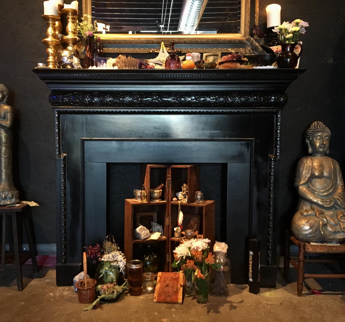Haley Murphy’s altar, where she begins her morning rituals. She starts each day starts by burning sage and sometimes ringing the purple bell on her mantel. CREDIT OLLIVIA REINGOLD
