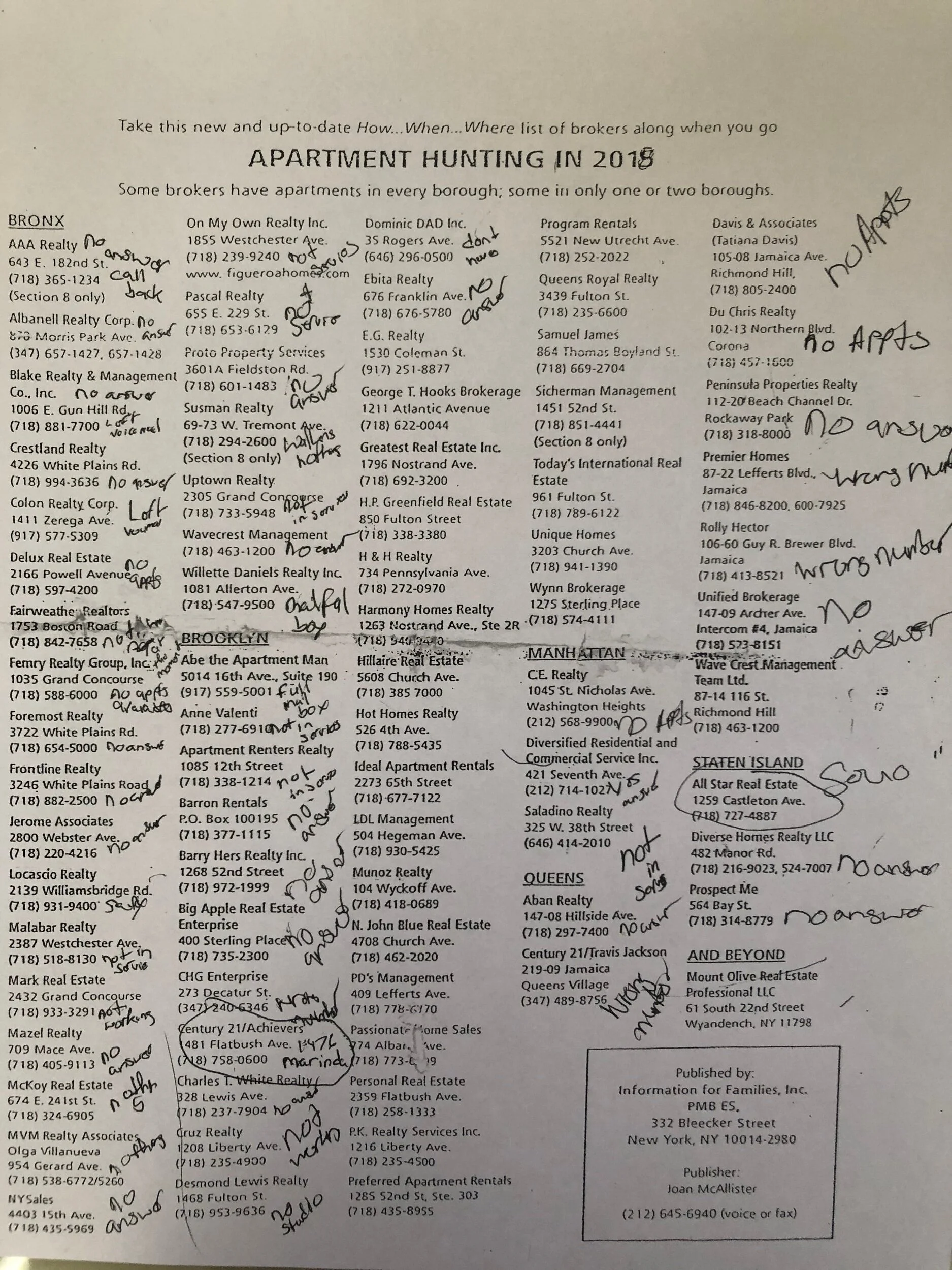 A list of “real estates” that a voucher holder was given to call. Much of the information is outdated or incorrect.