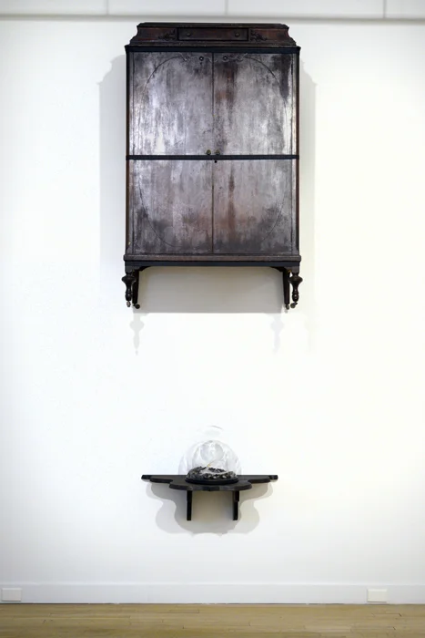Mercy Doesn't Grow On Trees , 2016. Wood, glass, hair, gold leaf, ratchet straps. 12 1/2' x 4' x 2 1/12' 