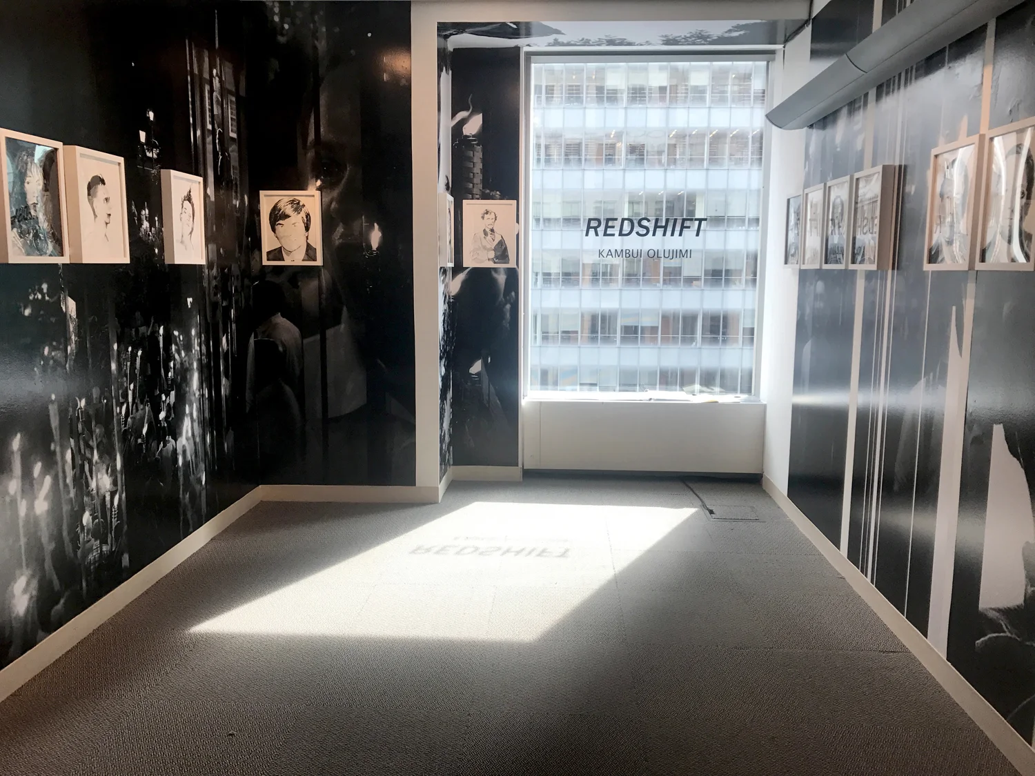 Redshift , installation view, 2018 REDSHIFT is a series of drawings that examines the post-facts condition and its role in the mythology of whiteness. The work confronts the “imaging” of criminality, and the patterns of violence throughout our American history. The installation features a new series of portraits of the American men and women who have attempted (successfully or not) to assassinate sitting Presidents of the United States. These monochromatic ink drawings are set against a fragmented and mediated image of the white nationalist rally in Charlottesville in August 2017.