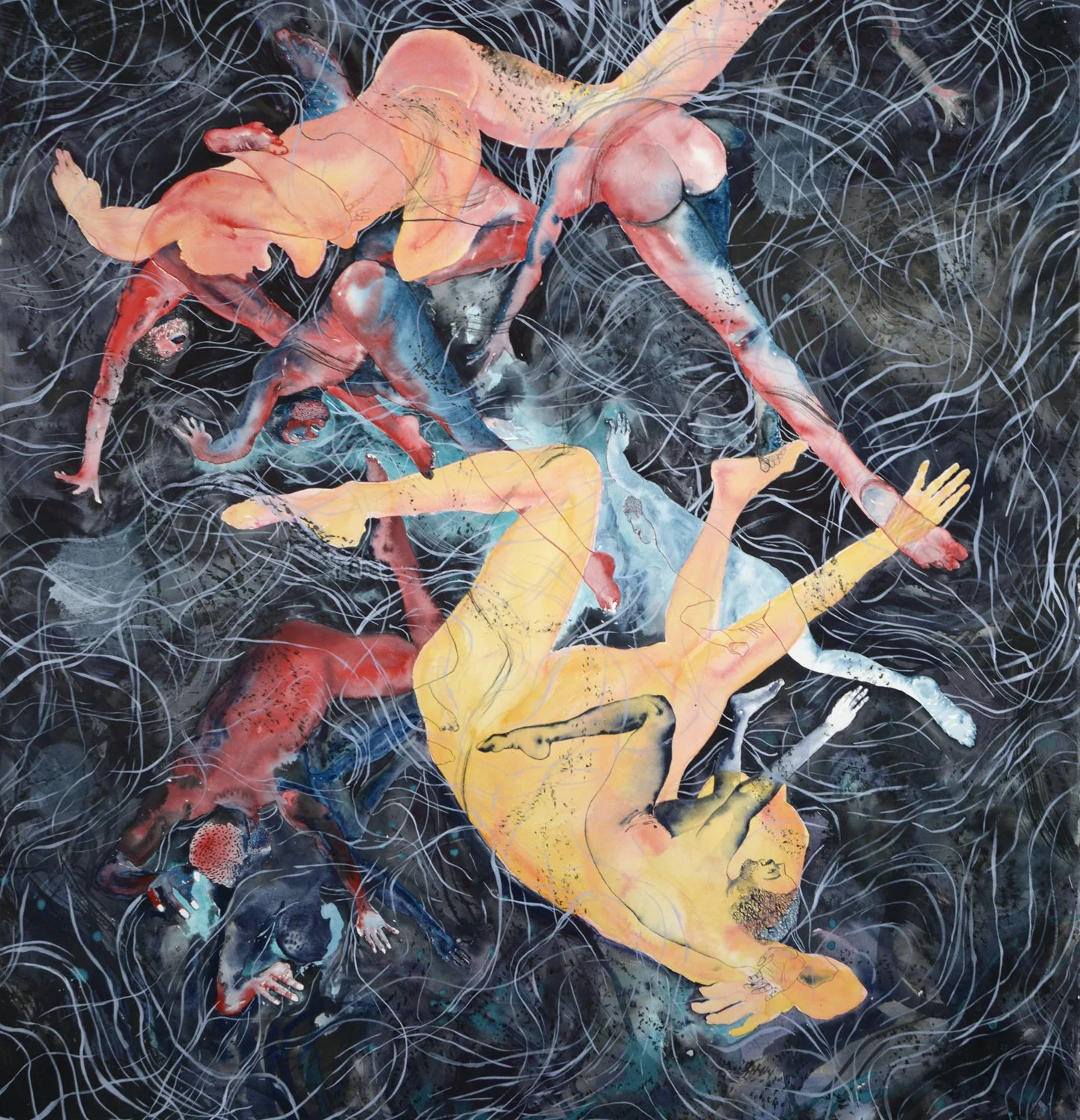    Suspended In Disbelief   2024 Watercolor, ink and graphite on paper  51 × 51 inches 