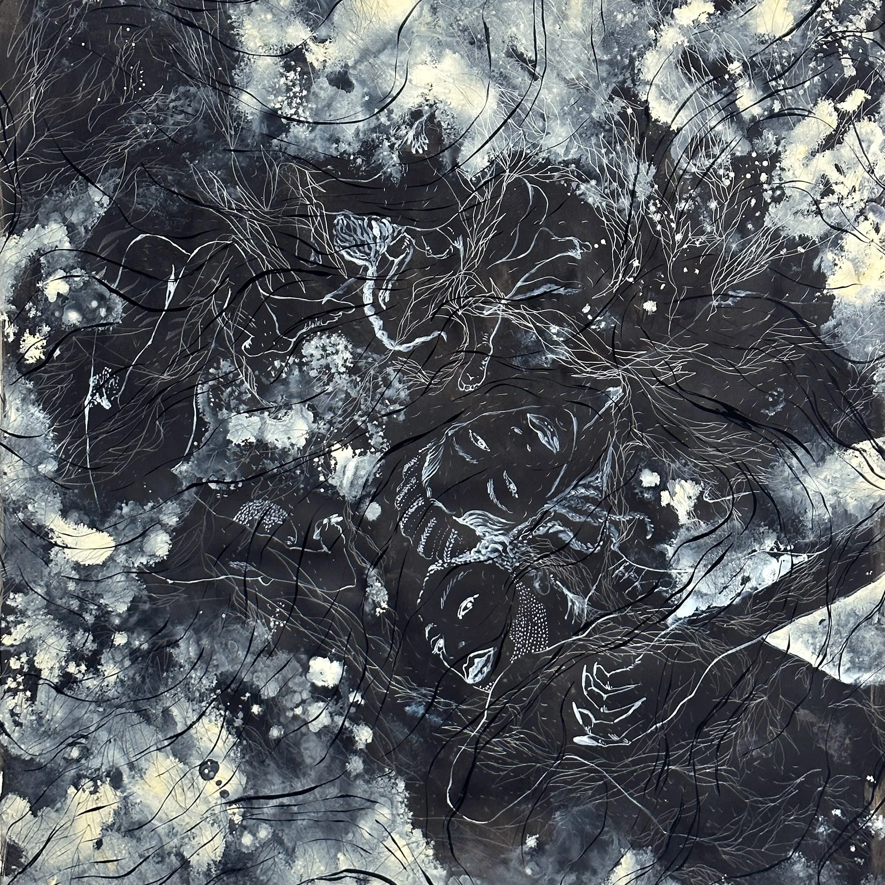   Close Enough To Share A Name  2025 Watercolor, graphite, and acrylic on paper  56.5 × 56.5 inches 