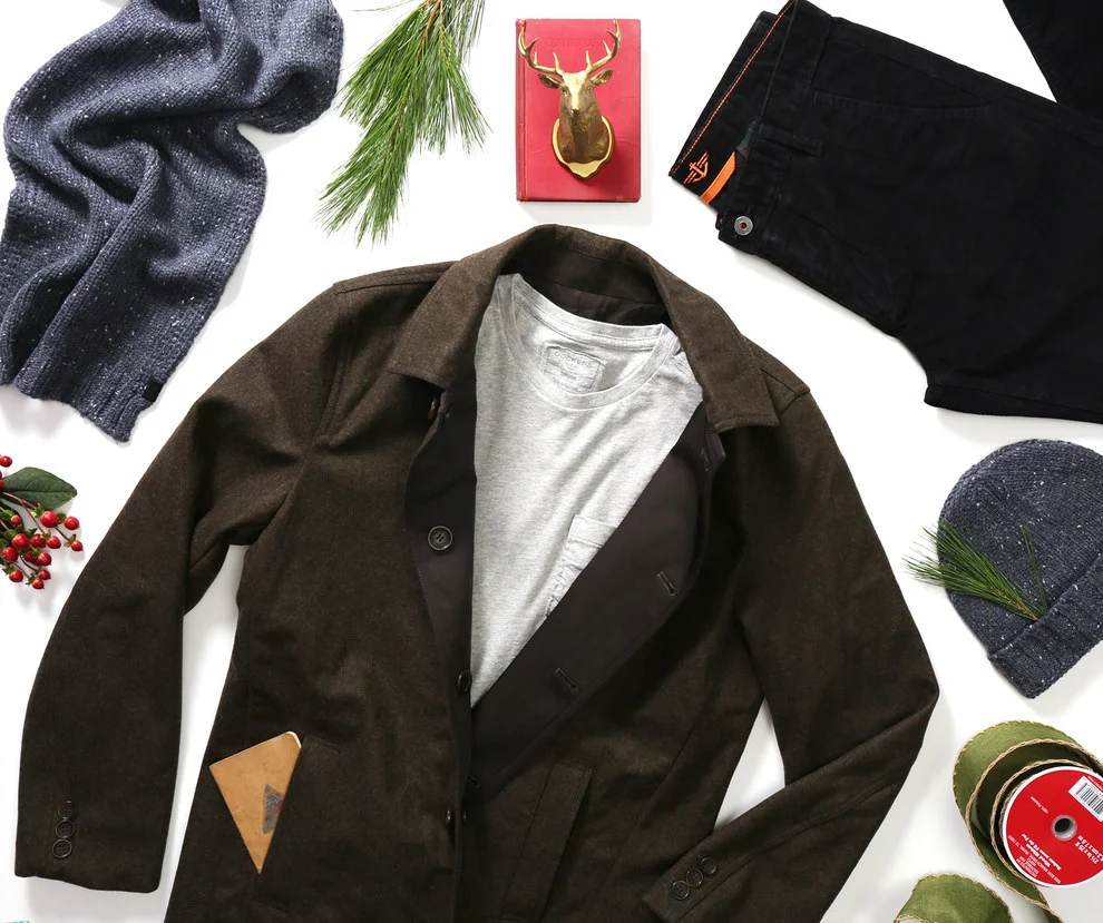 "Keep it low-key on a chilly weekend by pairing your favorite tee with a stylish topcoat."