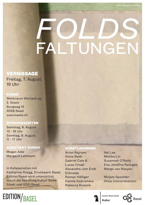 Edition Basel Session 2 flyer for the exhibition Folds, Faltungen. With artists from 13 countries participating. Exhibition at KASKO Gallery in Basel, Switzerland.