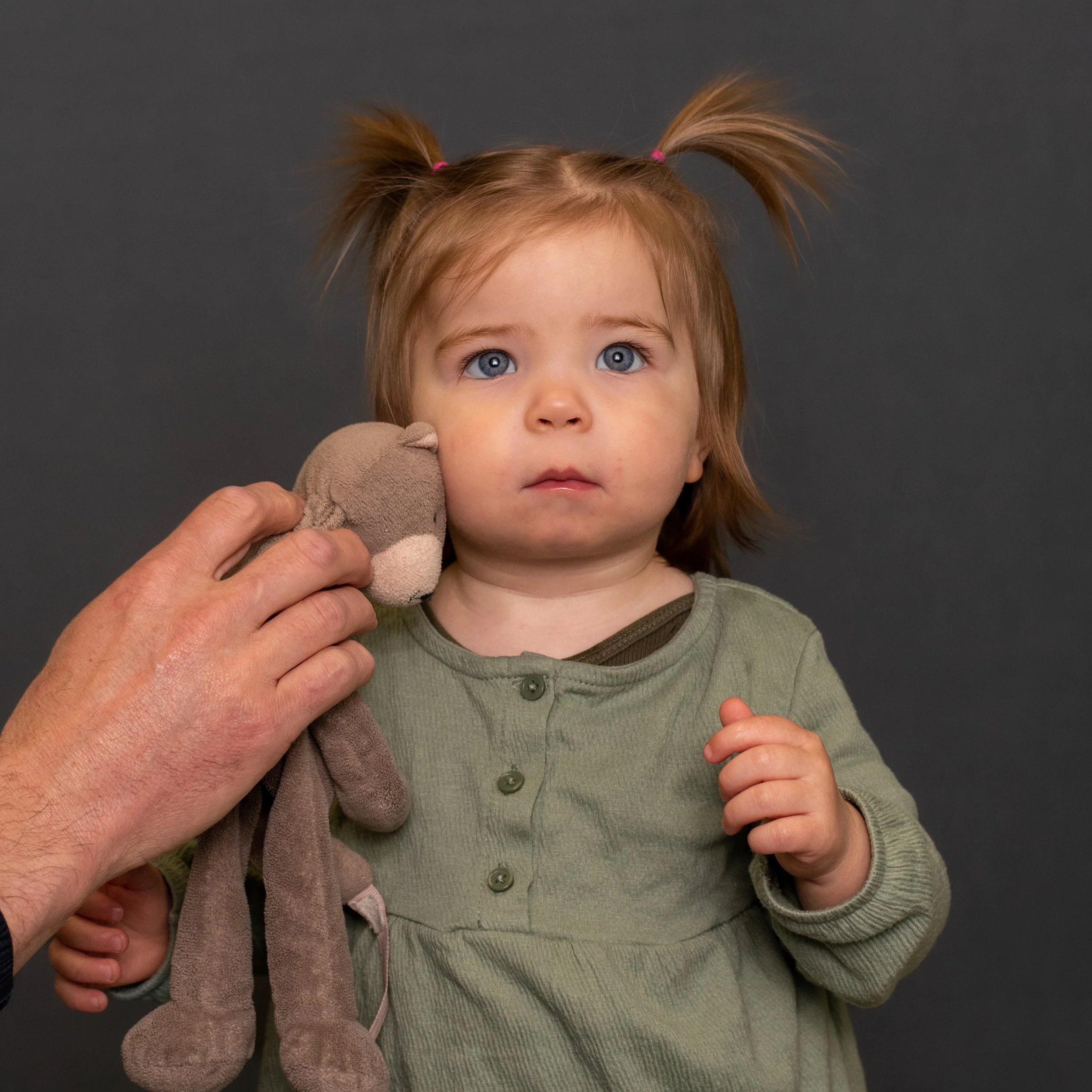 Natural personality school portrait of a toddler with a comfort toy on a neutral background