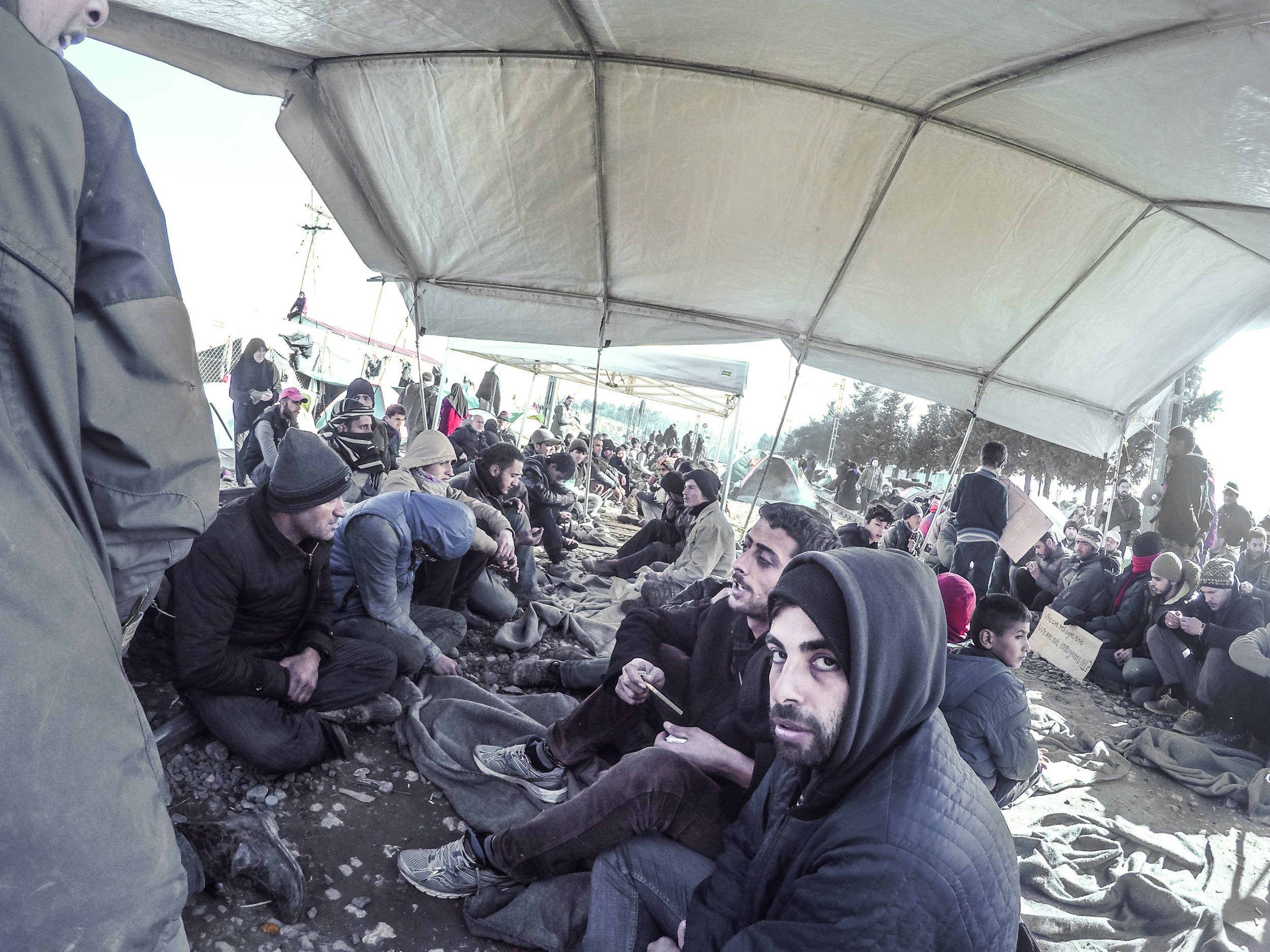 Under the awning at Eidomeni.