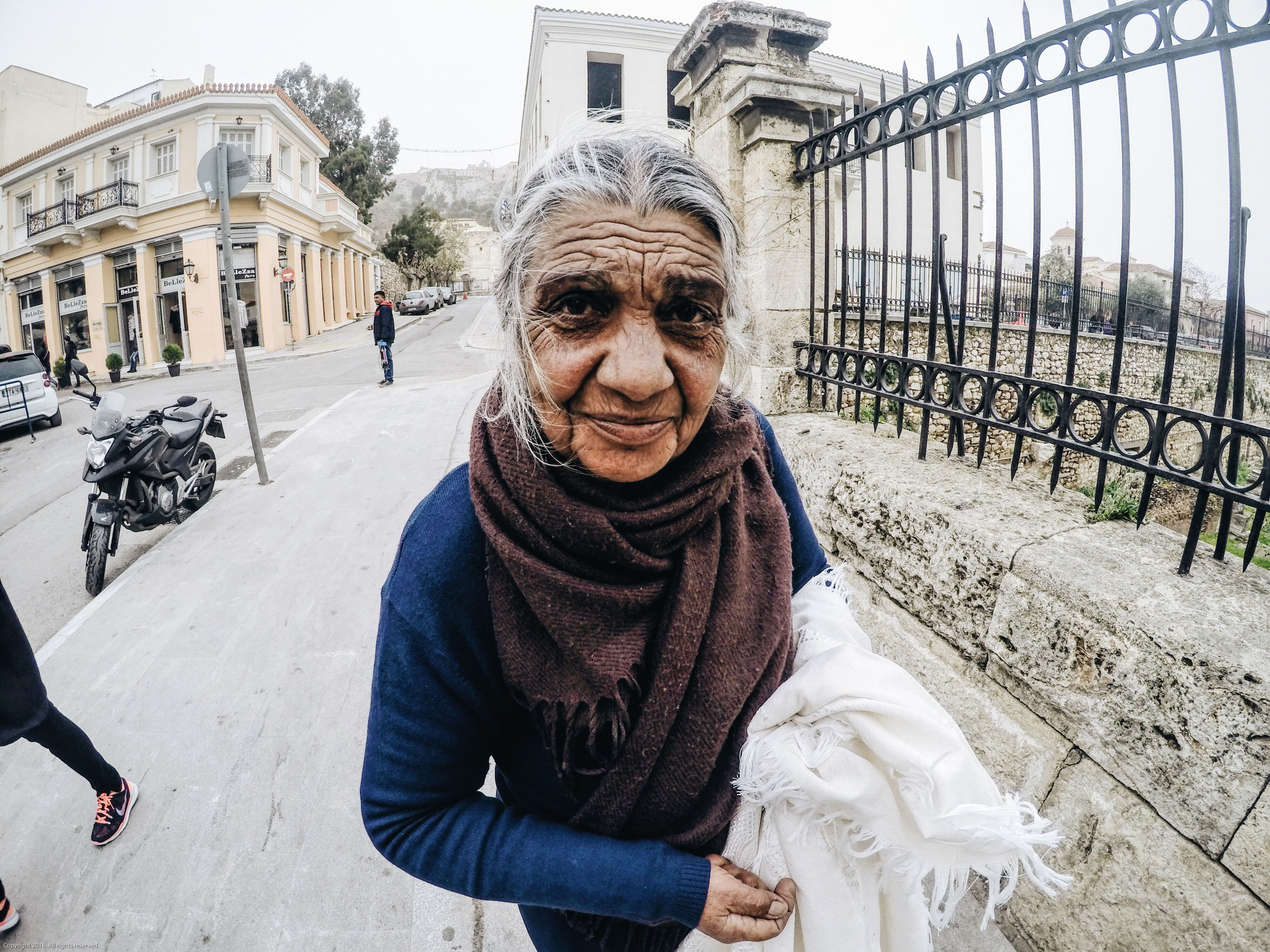 A beggar selling silk cloth gazes into my camera in the centre of Athens. It was interesting to see the interactions between refugees and local poor communities; there were generally areas where refugees would gather in groups, rather than intersper