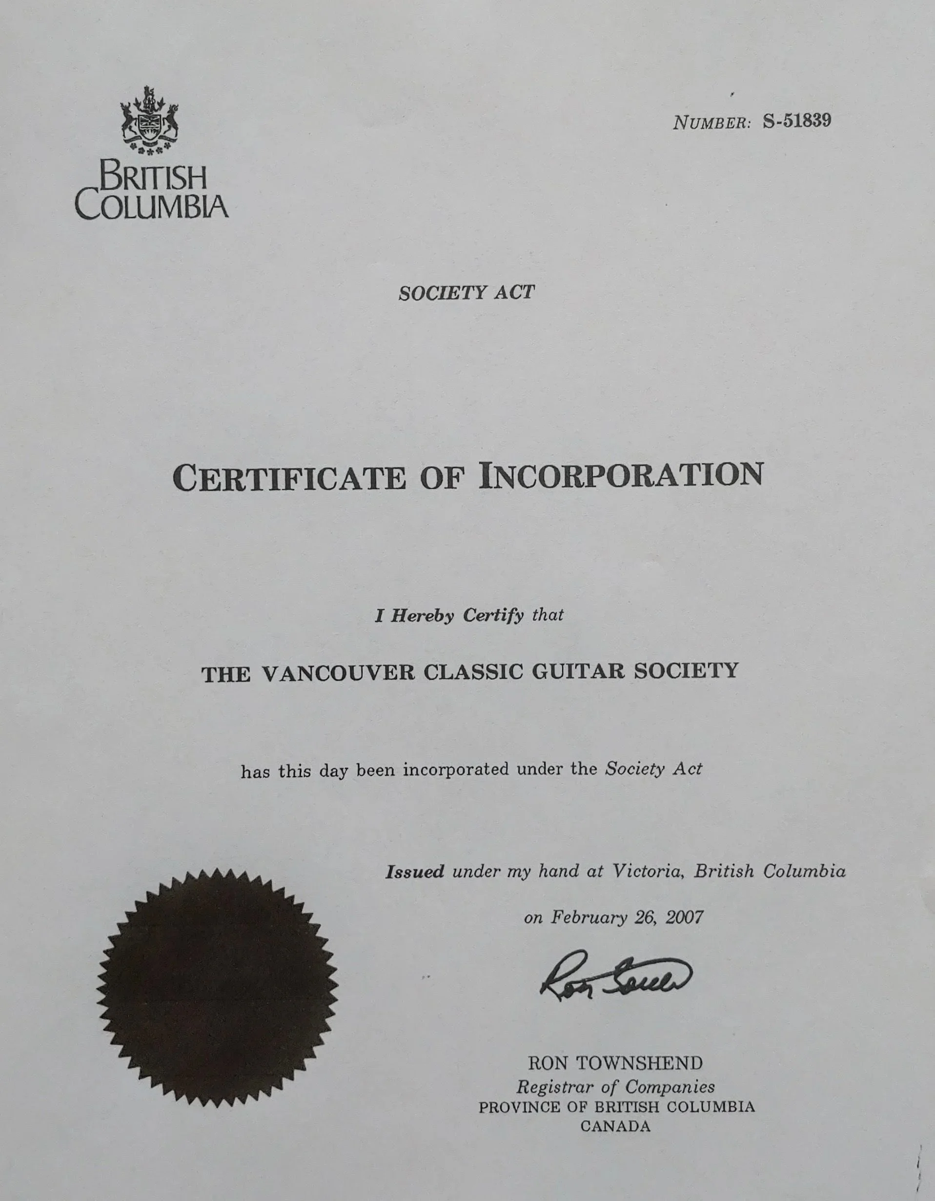 2007-02-26 - The Vancouver Classic Guitar Society is Incorporated.