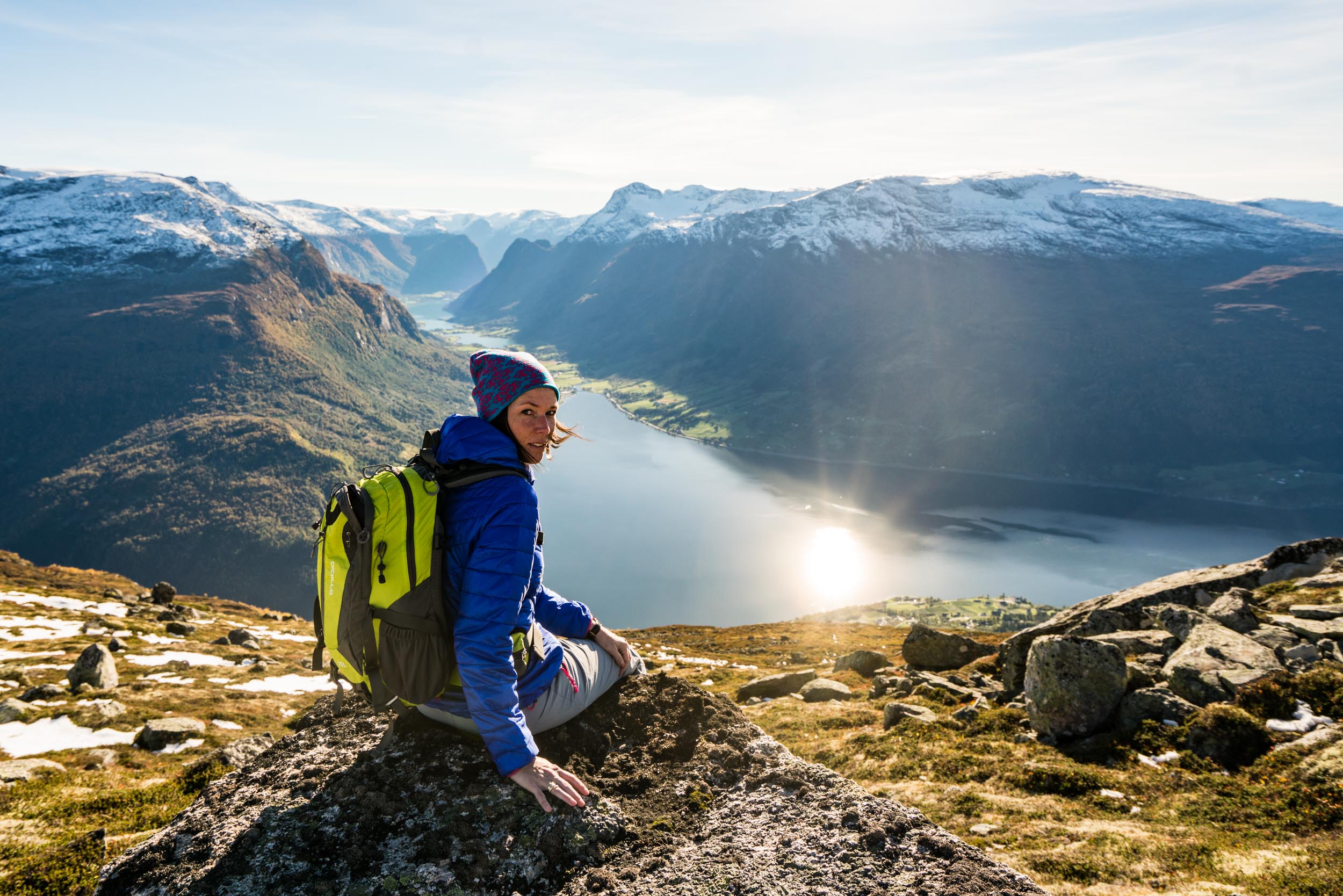 Hiking from Loen Skylift. View towards the Nordfjord and Olden