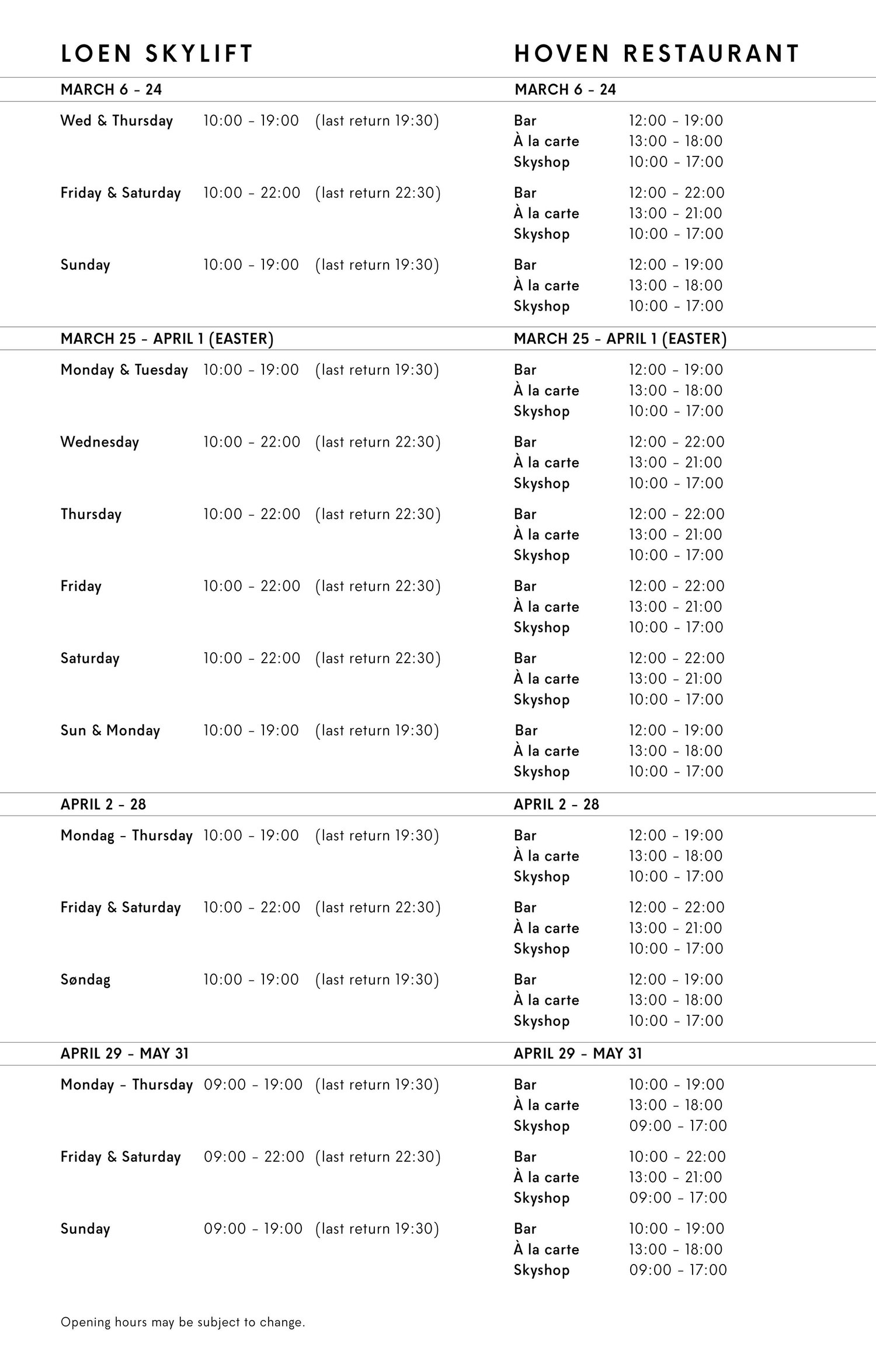 Opening hours & prices — Loen Skylift