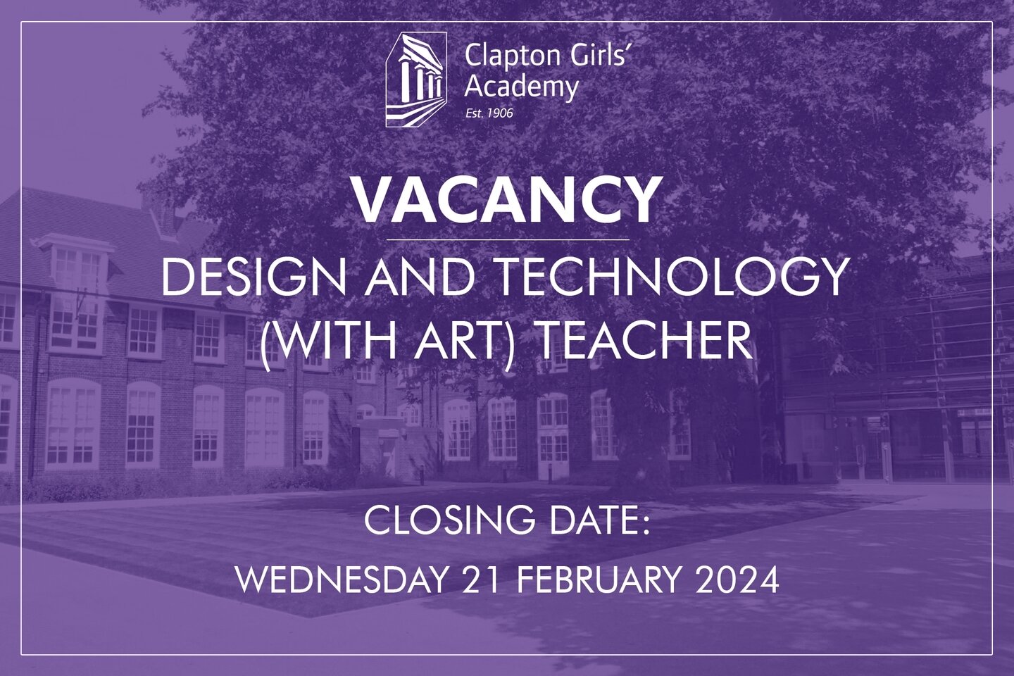 A position has opened up for a Design and Technology (with Art) Teacher. 👩&zwj;🏫

If you are interested in a rewarding role which allows you to shape the minds of the next generation then please click the link in our bio to apply now‼️ 

Closing Da