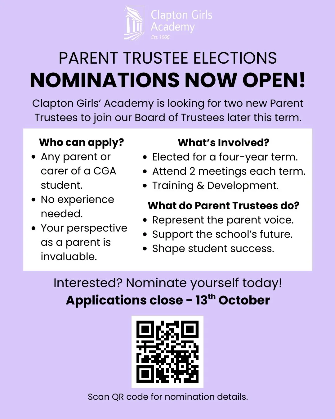 📢 Parent Trustee Election nominations are now open at Clapton Girls&rsquo; Academy!

Could this be you?
✅ Represent parents in decision-making
✅ Support your child&rsquo;s school
✅ Shape the future of our Academy

🗓️ Deadline to apply: 13 October

