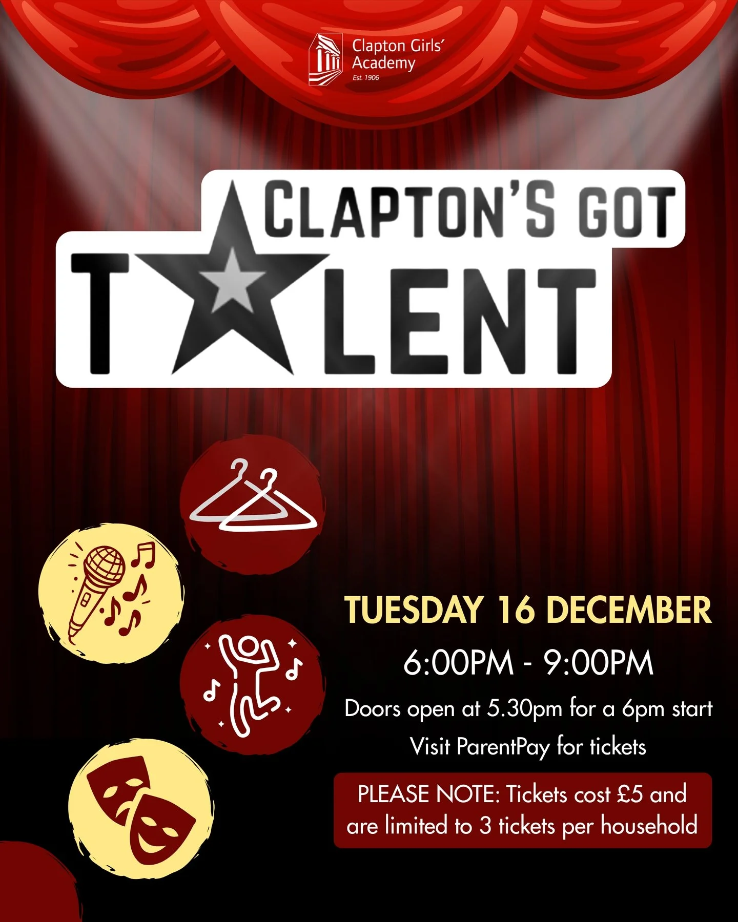 🎤✨ Clapton&rsquo;s Got Talent is Almost Here! ✨🎤

Grab your tickets now for an unforgettable night of amazing performances!
🎟️ Tickets are just &pound;5 (maximum of 3 per household) &ndash; but they&rsquo;re limited, so don&rsquo;t miss out!

✅ Av