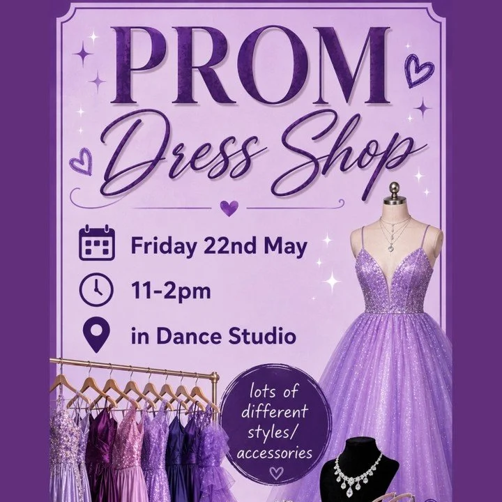 ✨ Prom Dress Shop ✨

Come down to the Dance Studio on Friday 22 May at 11am to try on dresses and get ready and glam for prom. 💃

#Prom2026 #Year11Prom #Prom
