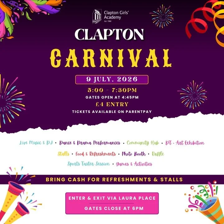 🎉🌞 The Countdown to Clapton Carnival is On! 💃🎶

Get ready for an unforgettable evening packed with fun, excitement, and community spirit! 🎊

Join us at Clapton Carnival and enjoy an incredible line-up of live music and DJ, dance and drama perfor