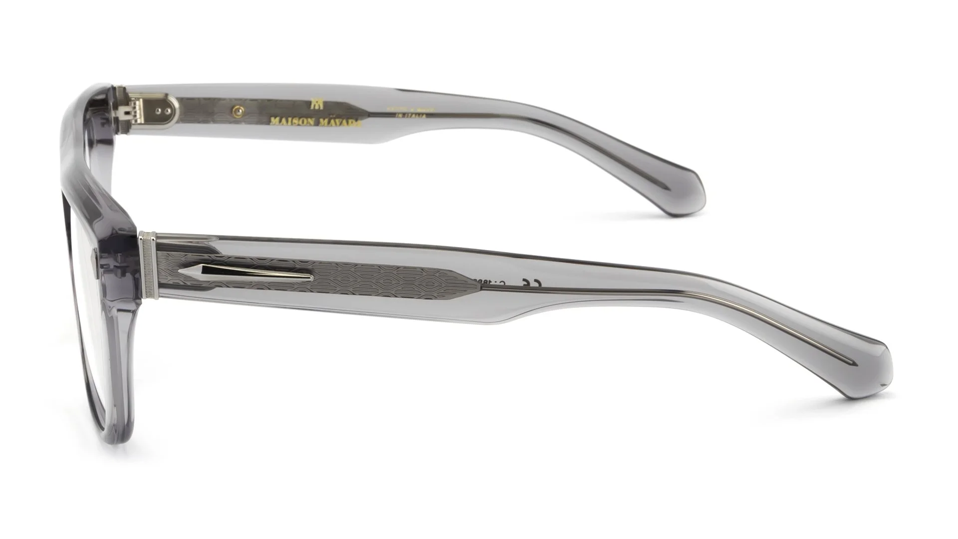   Lux 3 C.1882    Frame Colour:  Grey   Lens Colour:  Transparent   Specifications:   Mazzucchelli acetate – 100% Italian and of natural origin Pins riveted to both the front piece and the temples   Size:  57-17-148 