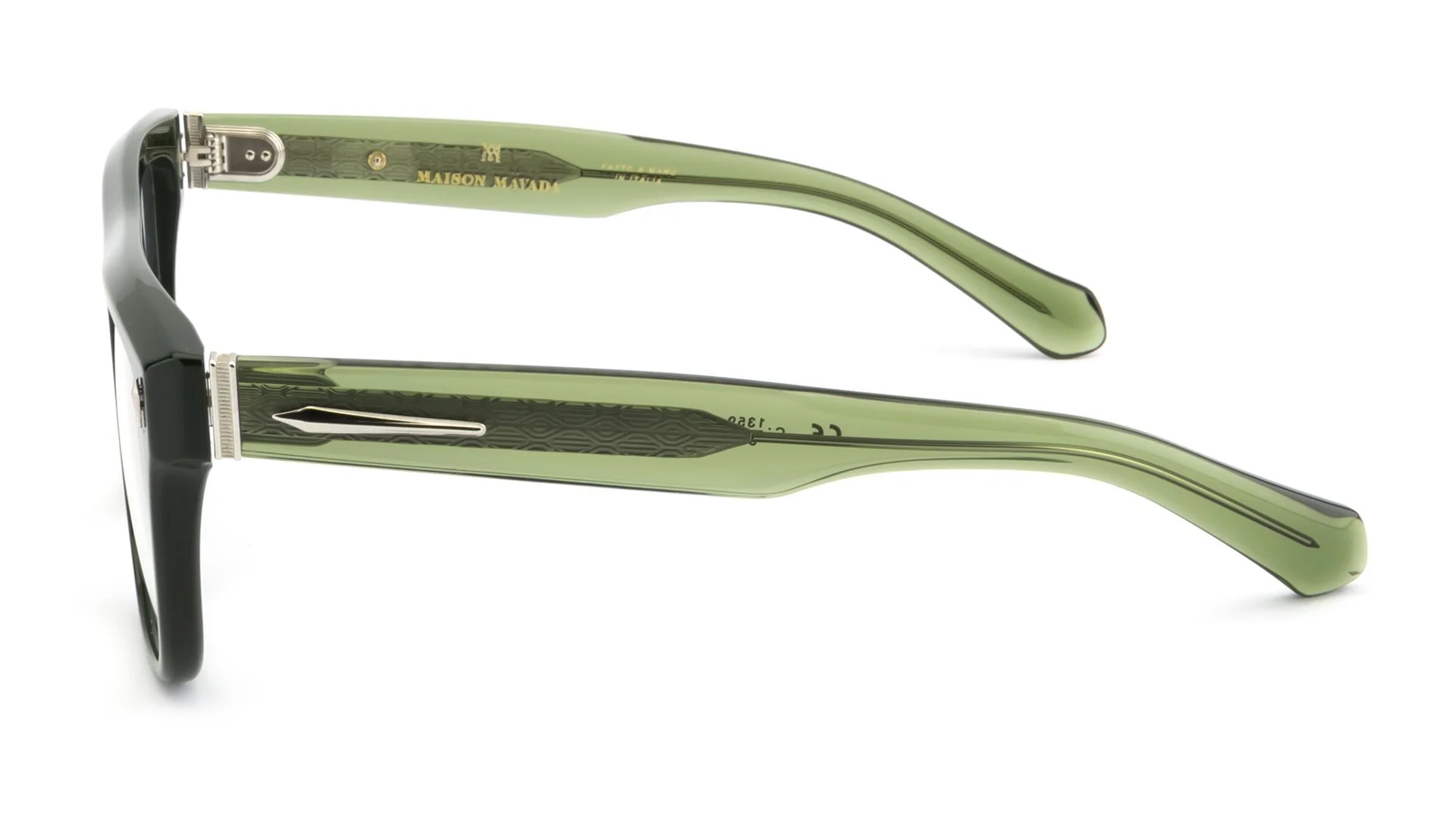   Lux 3 C.1359/811    Frame Colour:  Green   Lens Colour:  Transparent   Specifications:   Mazzucchelli acetate – 100% Italian and of natural origin Pins riveted to both the front piece and the temples   Size:  57-17-148 