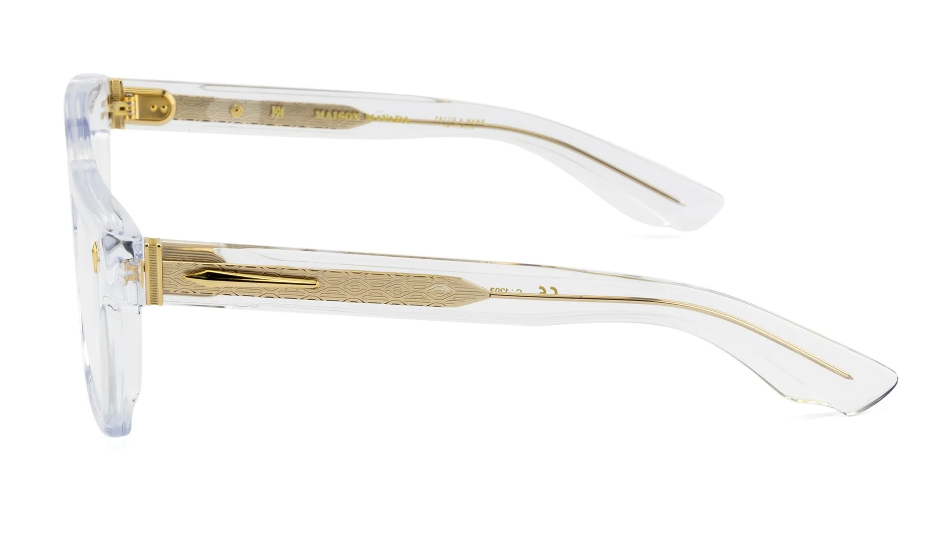   Lux 4 C.1203-G    Frame Colour:  Clear   Lens Colour:  Transparent   Specifications:   Mazzucchelli acetate – 100% Italian and of natural origin Pins riveted to both the front piece and the temples   Size:  52-19-148 