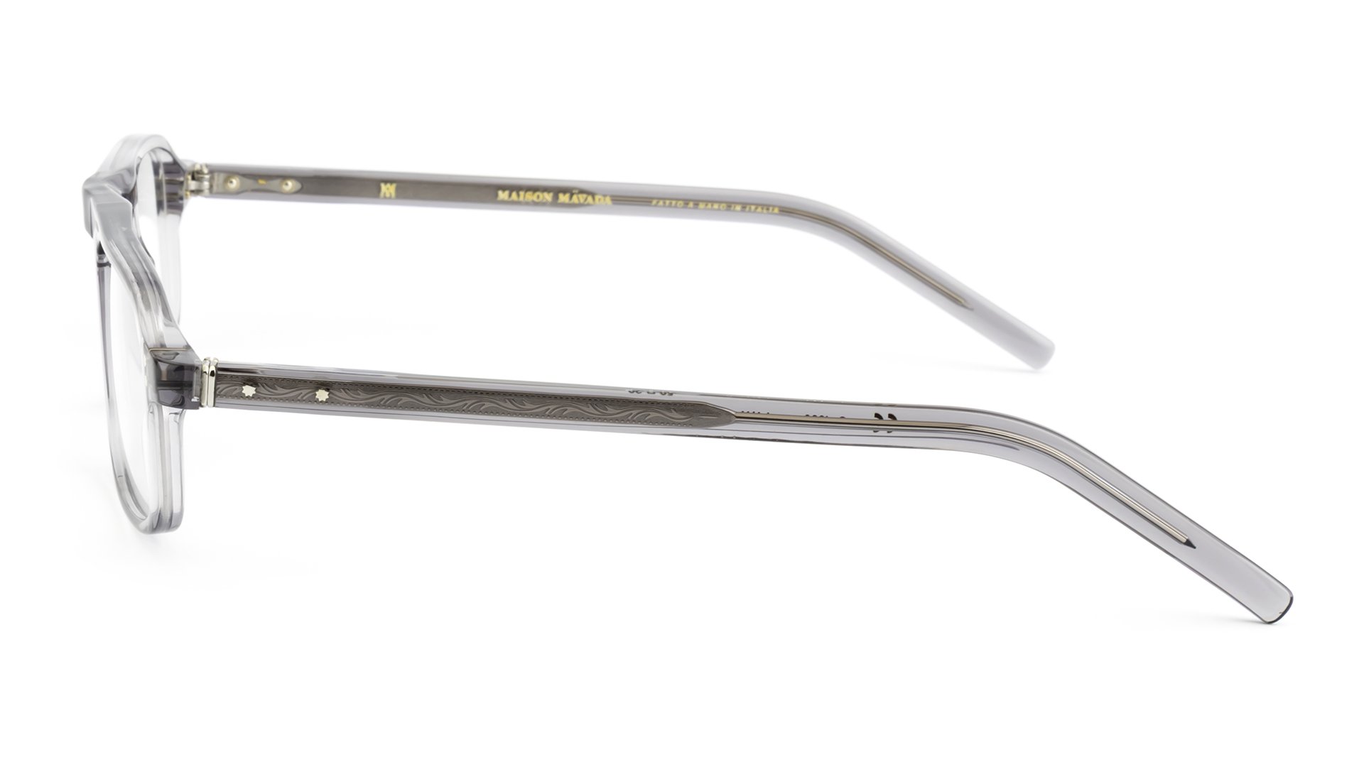   Lux 6 C.1882    Frame Colour:  Grey   Lens Colour:  Transparent   Specifications:   Mazzucchelli acetate – 100% Italian and of natural origin Pins riveted to both the front piece and the temples   Size:  50-20-145 