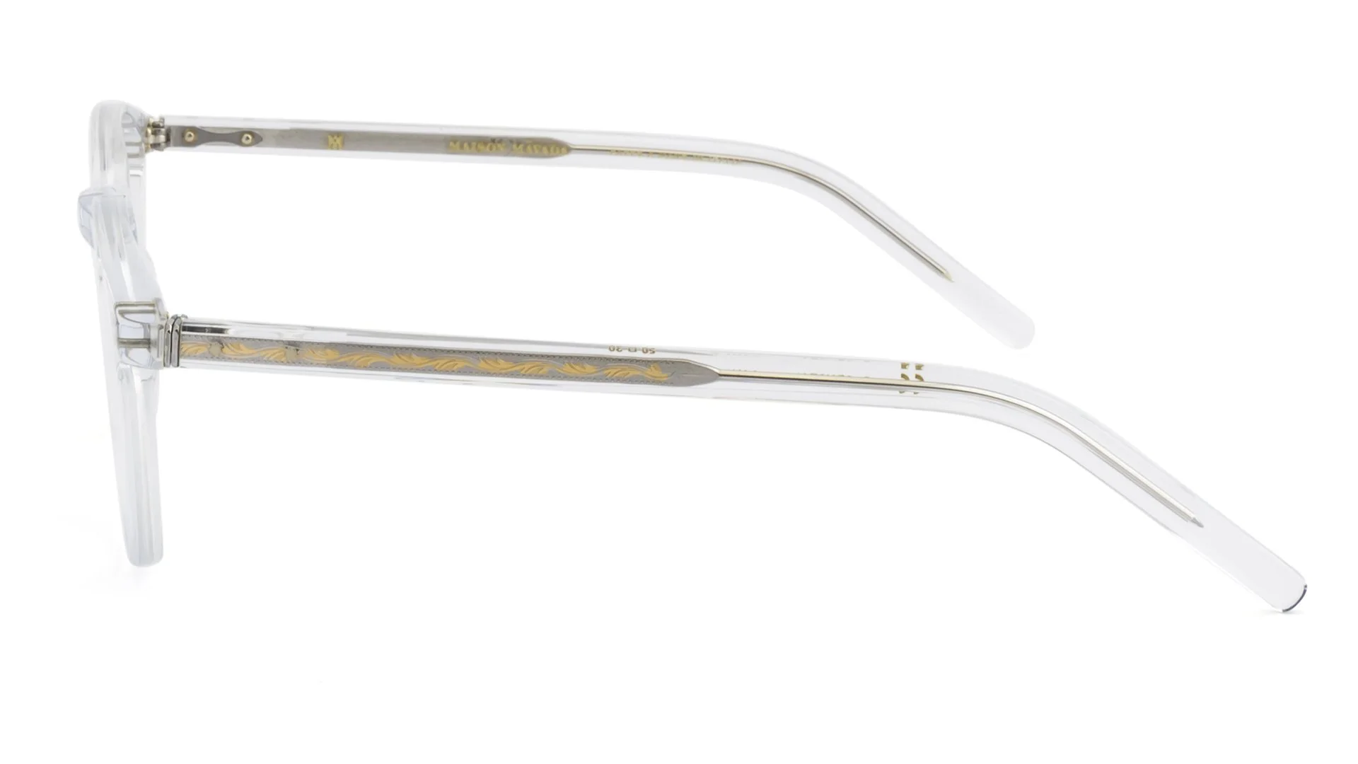   Lux 7 C.CRYSTAL    Frame Colour:  Clear   Lens Colour:  Transparent   Specifications:   Mazzucchelli acetate – 100% Italian and of natural origin Pins riveted to both the front piece and the temples   Size:  50-20-145 