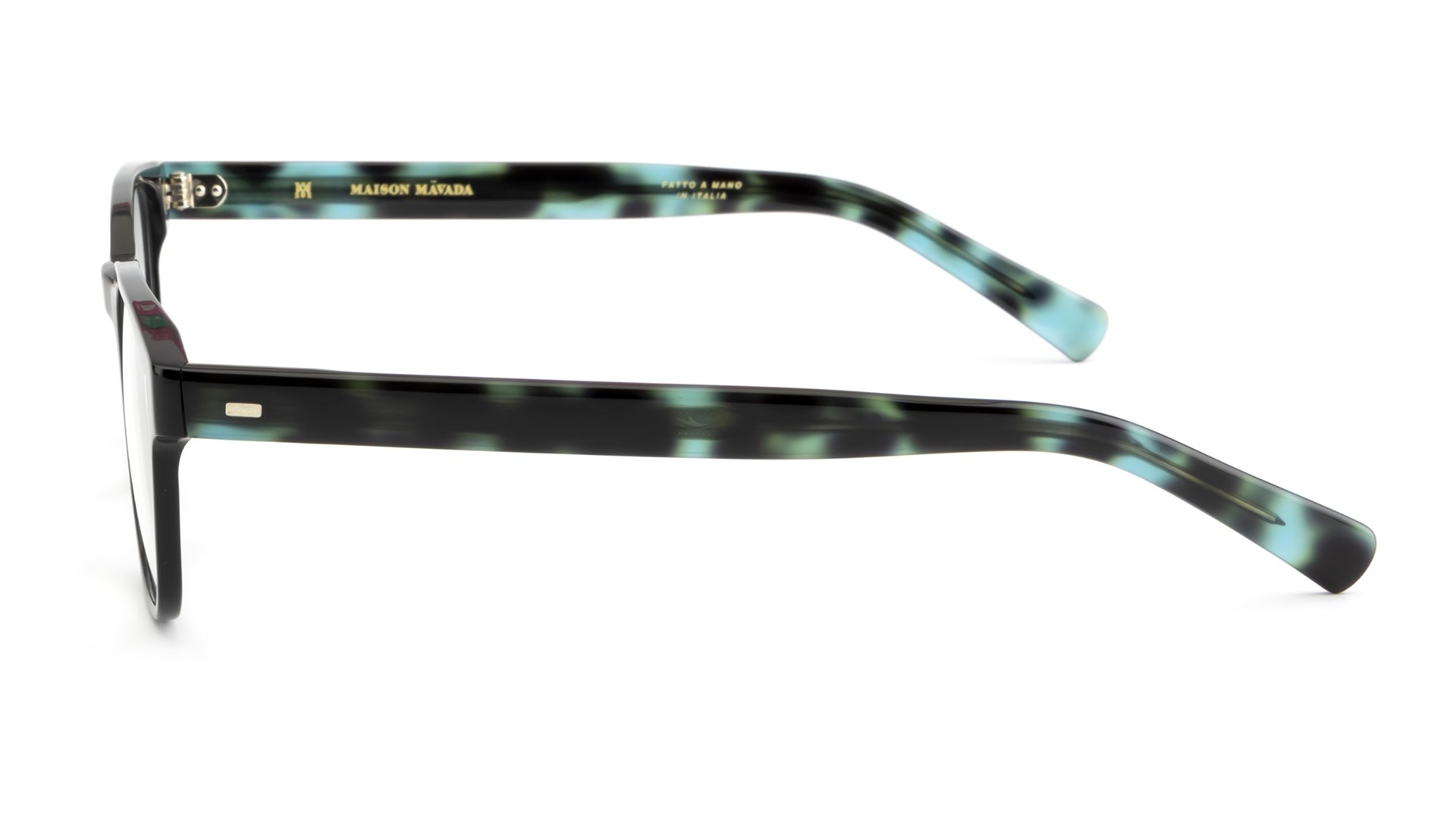   Lux 9 C.7007-M45    Frame Colour:  Black/Teal   Lens Colour:  Transparent   Specifications:   Mazzucchelli acetate – 100% Italian and of natural origin Pins riveted to both the front piece and the temples   Size:  49-19-147 