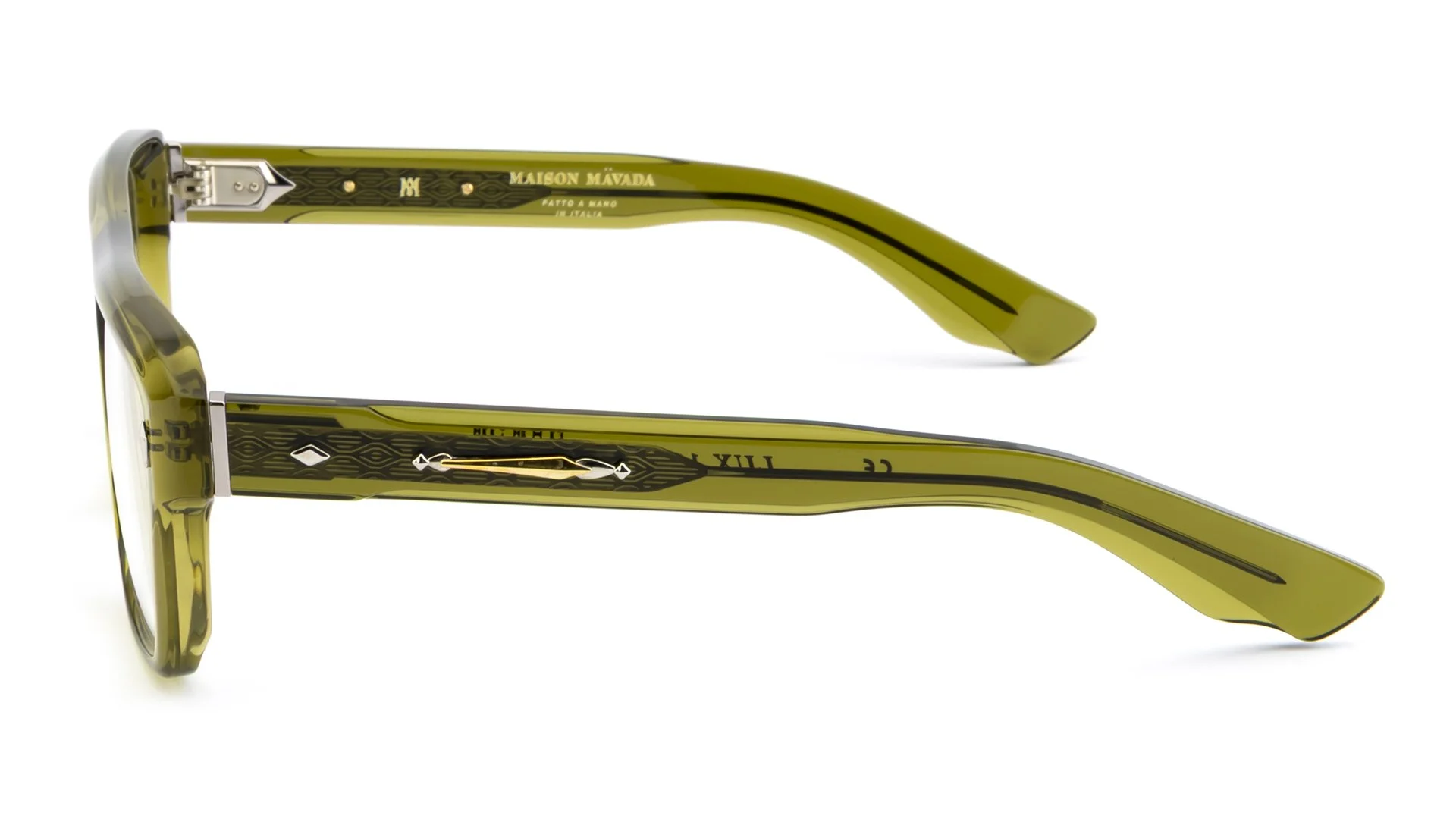   Lux 11 C.3390-15    Frame Colour:  Green   Lens Colour:  Transparent   Specifications:   Mazzucchelli acetate – 100% Italian and of natural origin Pins riveted to both the front piece and the temples   Size:  54-19-148 