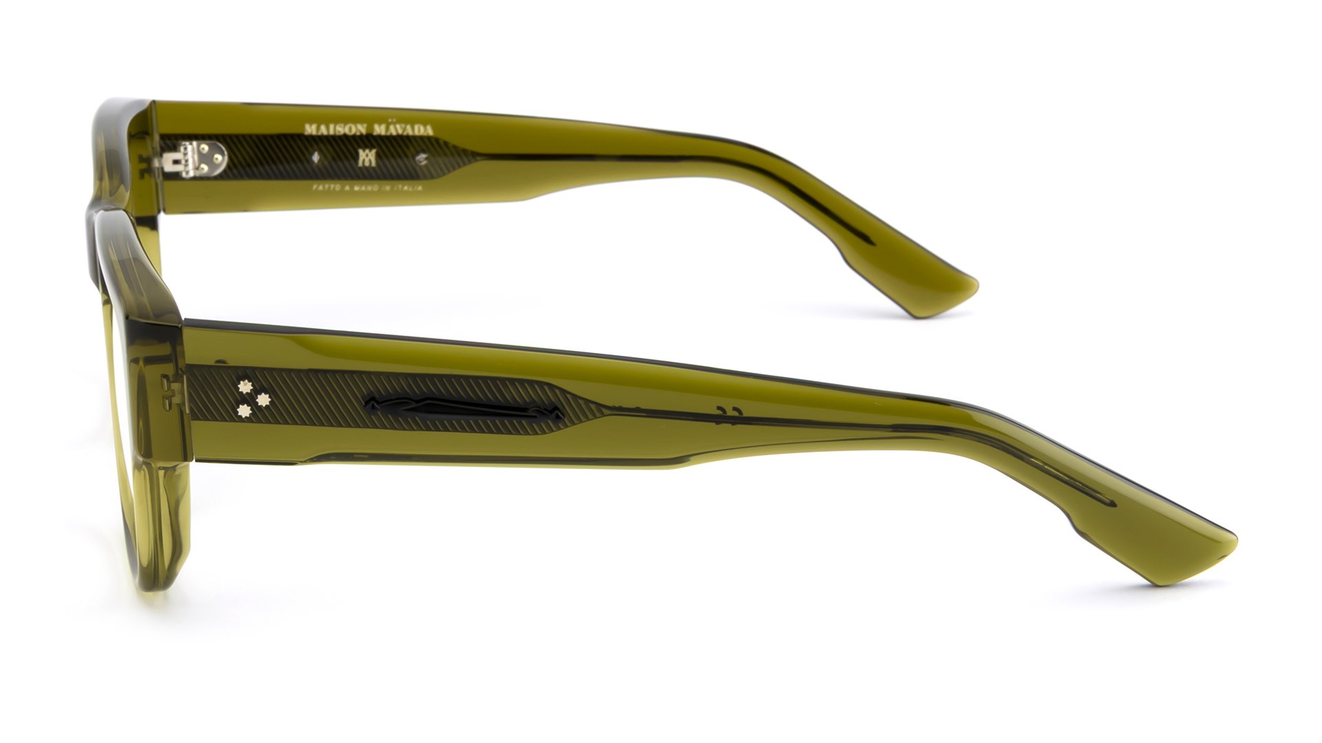   Lux 12 C.3390/15    Frame Colour:  Green   Lens Colour:  Transparent   Specifications:   Mazzucchelli acetate – 100% Italian and of natural origin Pins riveted to both the front piece and the temples   Size:  54-19-148 