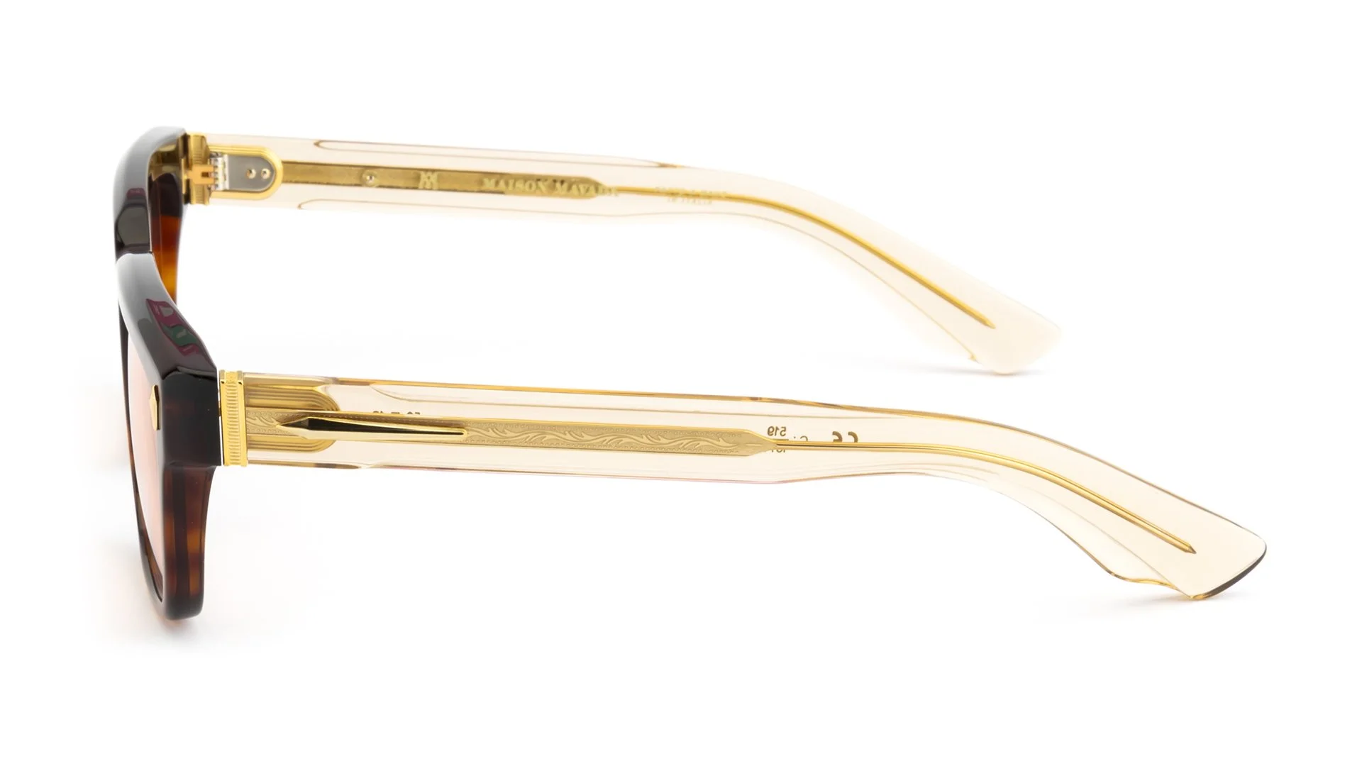   LUX 1 C.519/1875    Frame Colour:  Havana   Lens Colour:  Superlight Rose   Specifications:   Mazzucchelli acetate – 100% Italian and of natural origin Pins riveted to both the front piece and the temples 100% UV Protection   Size:  53-19-148 