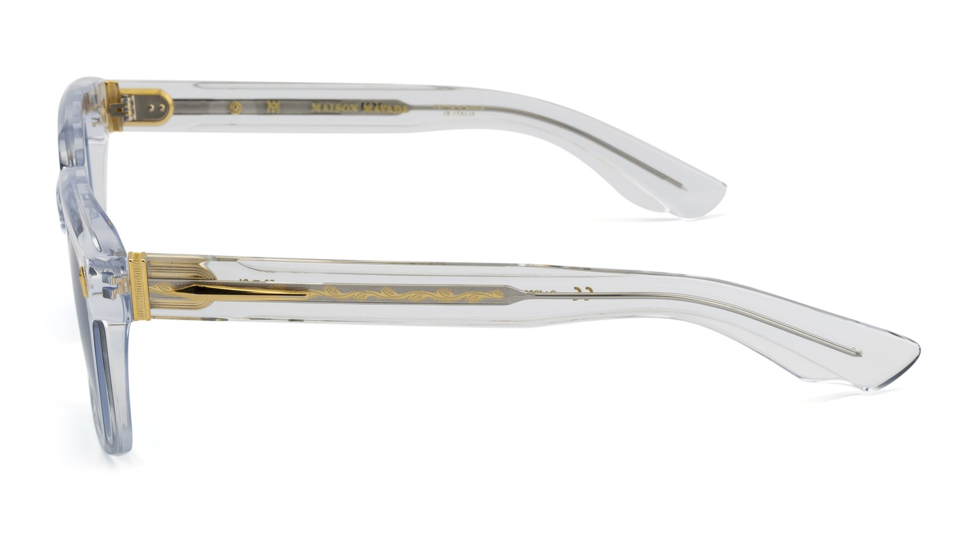   LUX 2 C.1203    Frame Colour:  Clear   Lens Colour:  Blue Gradient   Specifications:   Mazzucchelli acetate – 100% Italian and of natural origin Pins riveted to both the front piece and the temples 100% UV Protection   Size:  53-21-148 