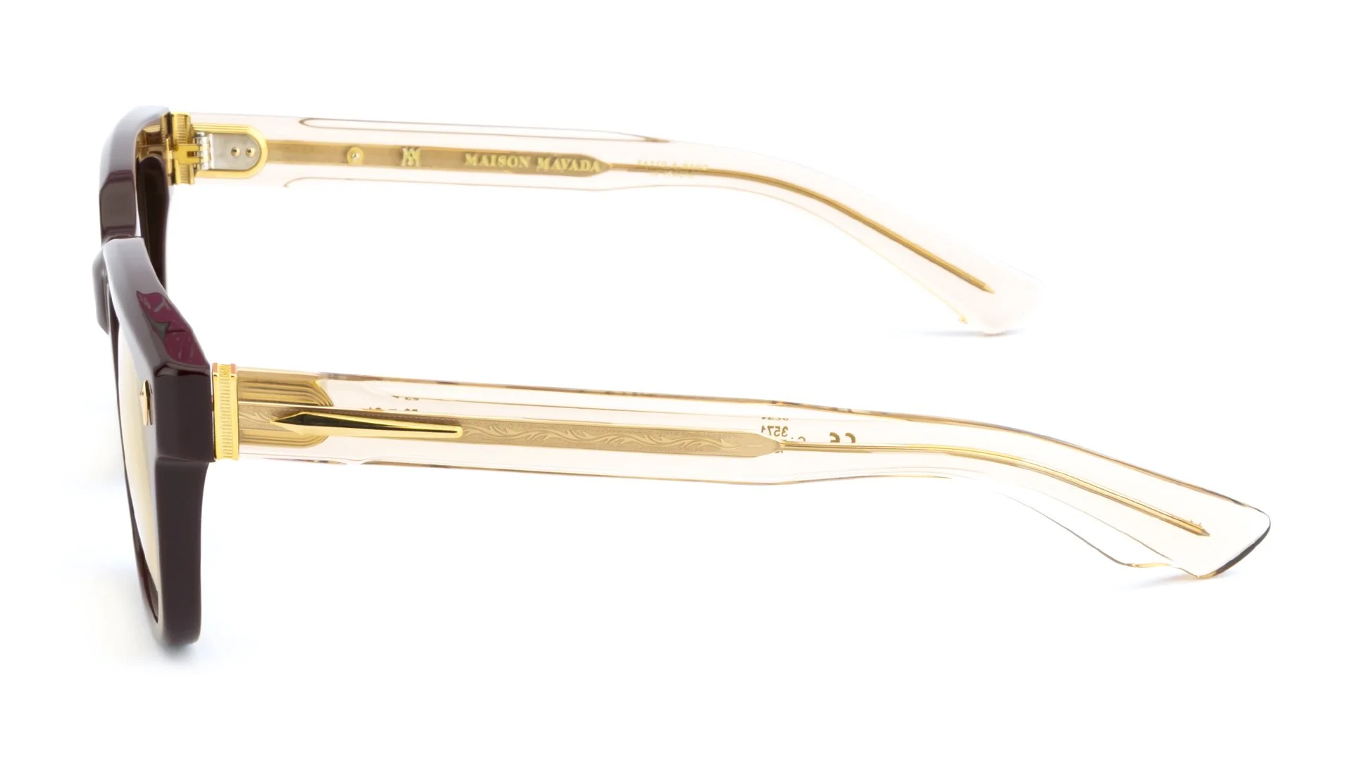   LUX 2 C.3571/1875    Frame Colour:  Burgundy   Lens Colour:  Amber   Specifications:   Mazzucchelli acetate – 100% Italian and of natural origin Pins riveted to both the front piece and the temples 100% UV Protection   Size:  53-21-148 