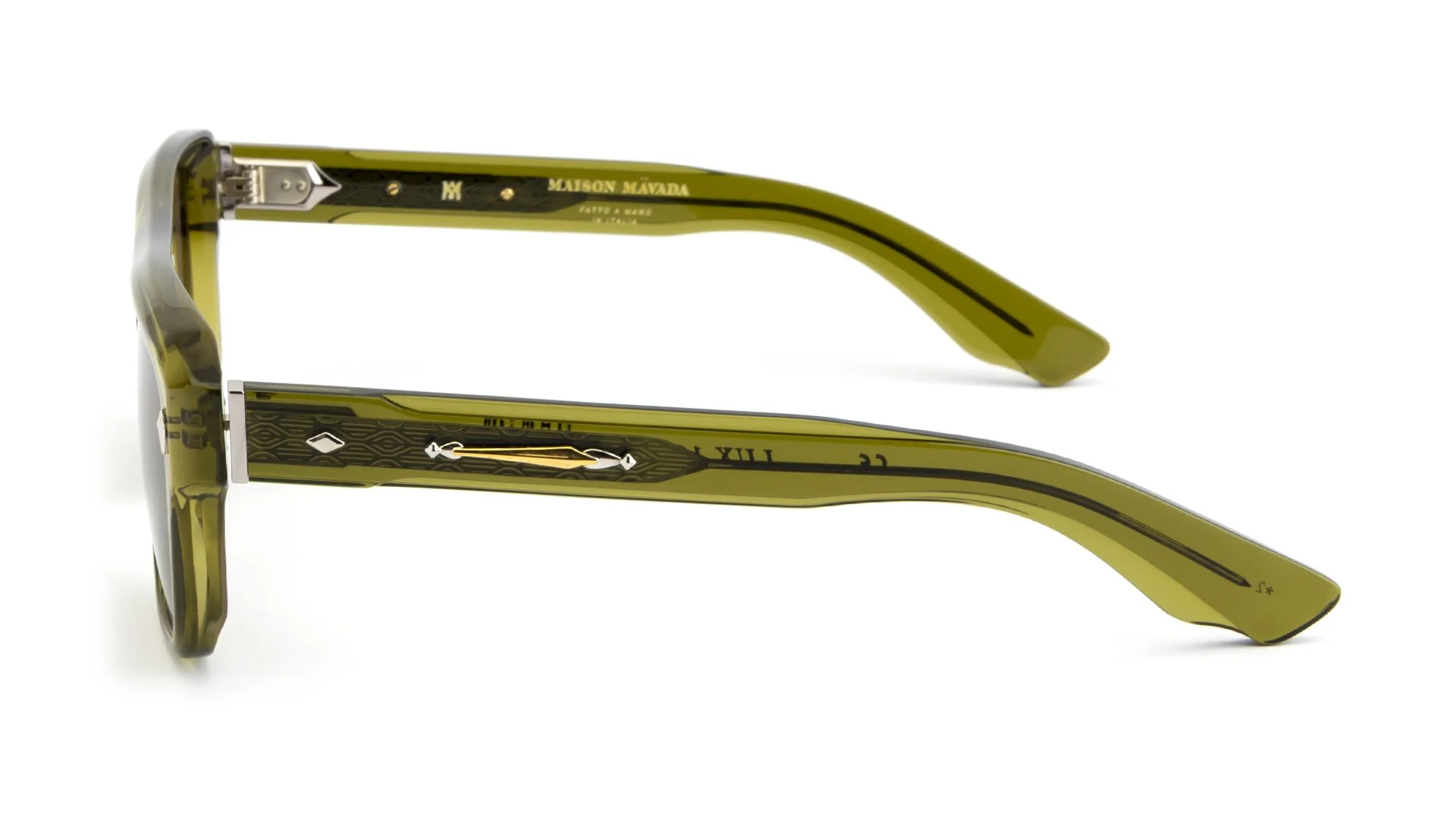   LUX 11 C.3390/15    Frame Colour:  Khaki   Lens Colour:  Brown   Specifications:   Mazzucchelli acetate – 100% Italian and of natural origin Pins riveted to both the front piece and the temples 100% UV Protection   Size:  54-19-148 