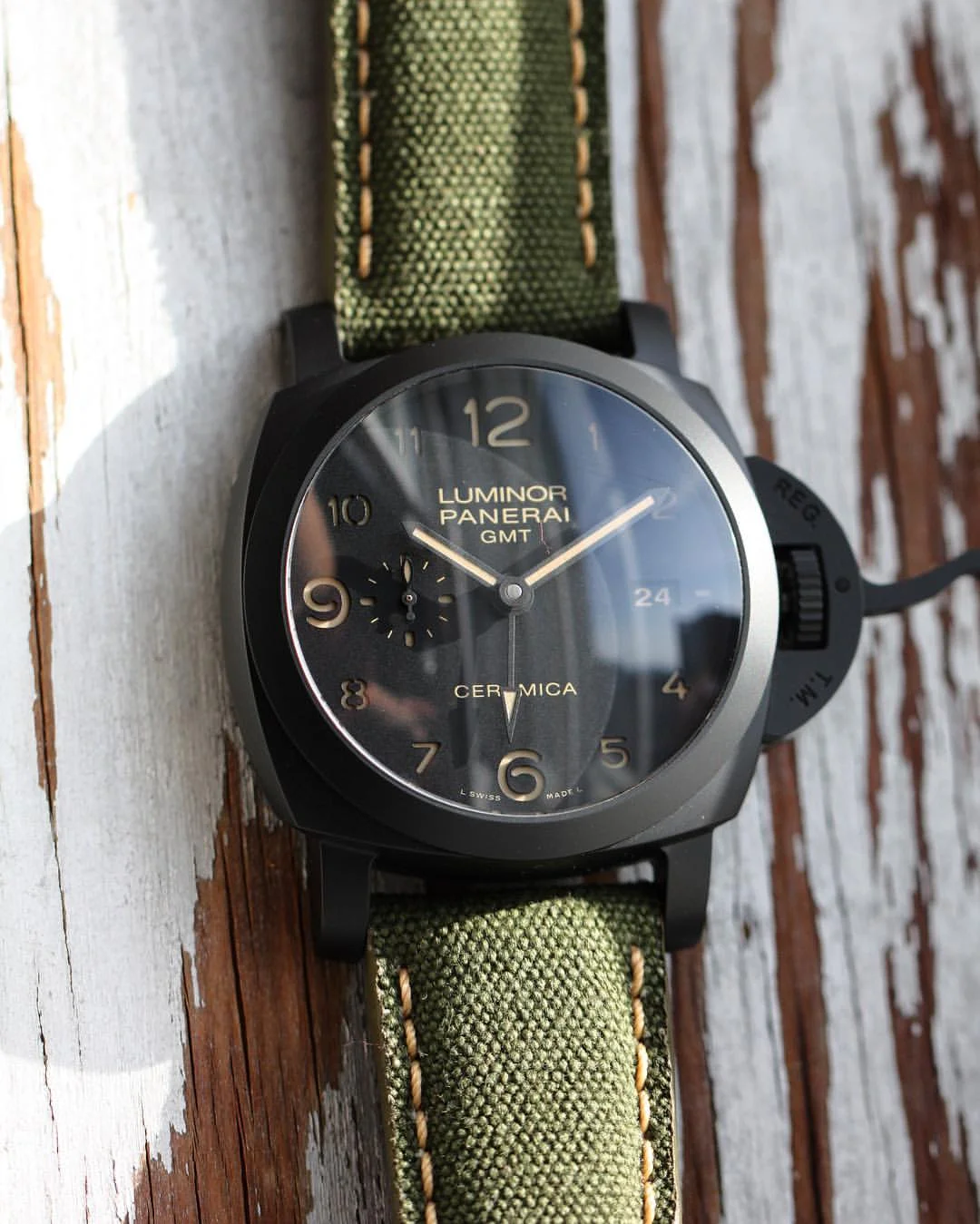 Green Canvas Strap + Patina Stitching for Panerai Luminor Marina Ceramica