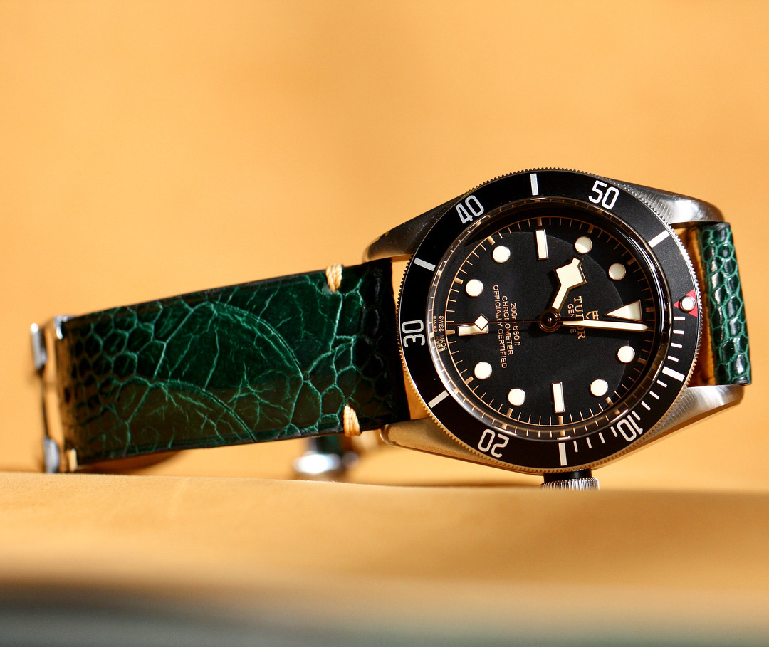 EMERALD GREEN OSTRICH LEG STRAP + MINIMAL PATINA STITCHING FOR TUDOR BLACK BAY BLACK