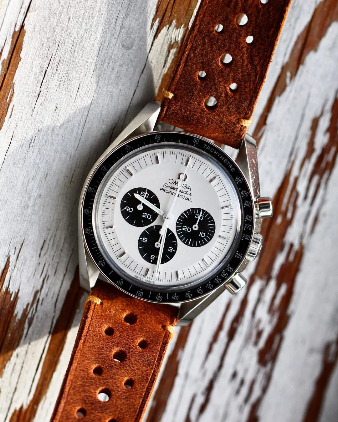 Rally Hole Strap on Vintage Horwen Leather + Minimal Patina Stitching for Omega Mitsukoshi