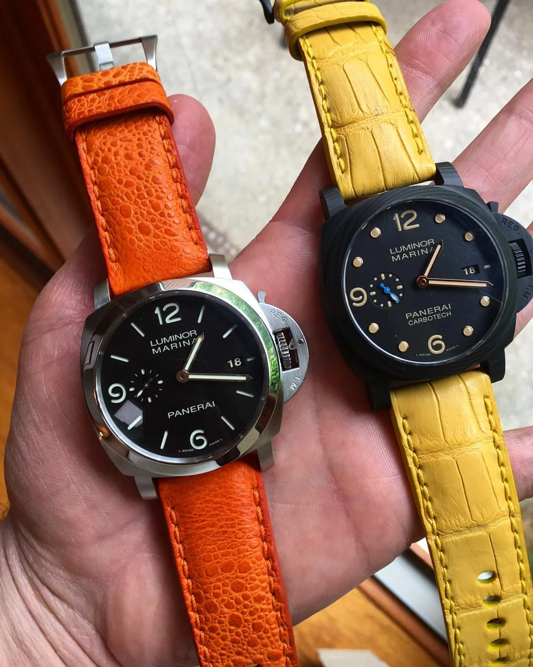 ORANGE TOAD STRAP + ORANGE STITCHING FOR PANERAI PAM312, YELLOW OTT ALLIGATOR STRAP + YELLOW STITCHING FOR PANERAI PAM661
